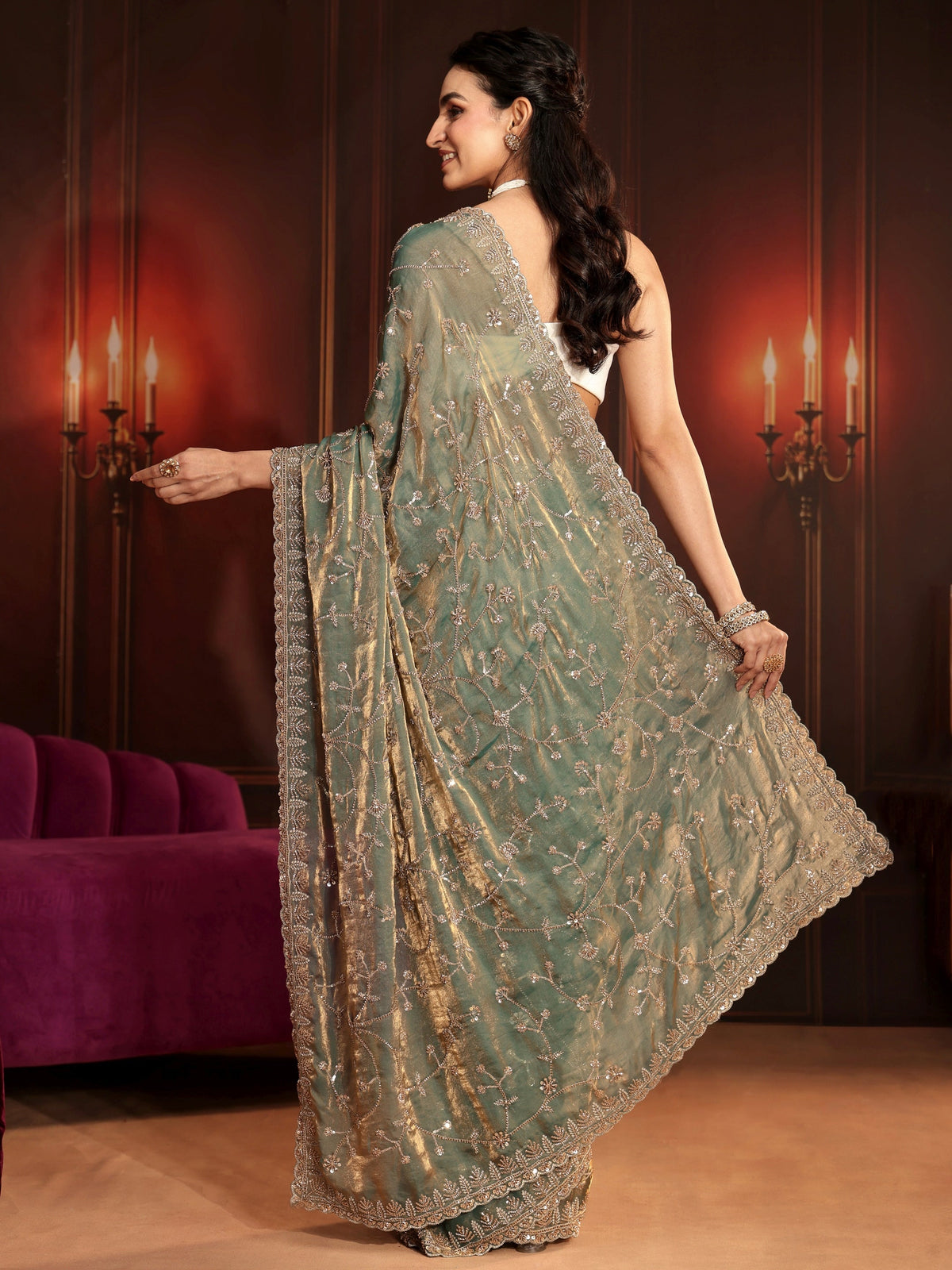 Anouk Art Dusty Sea Green Floral Embellished Tissue Saree