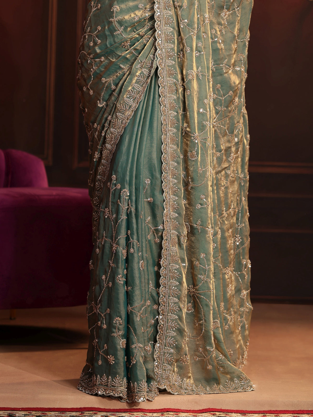 Anouk Art Dusty Sea Green Floral Embellished Tissue Saree