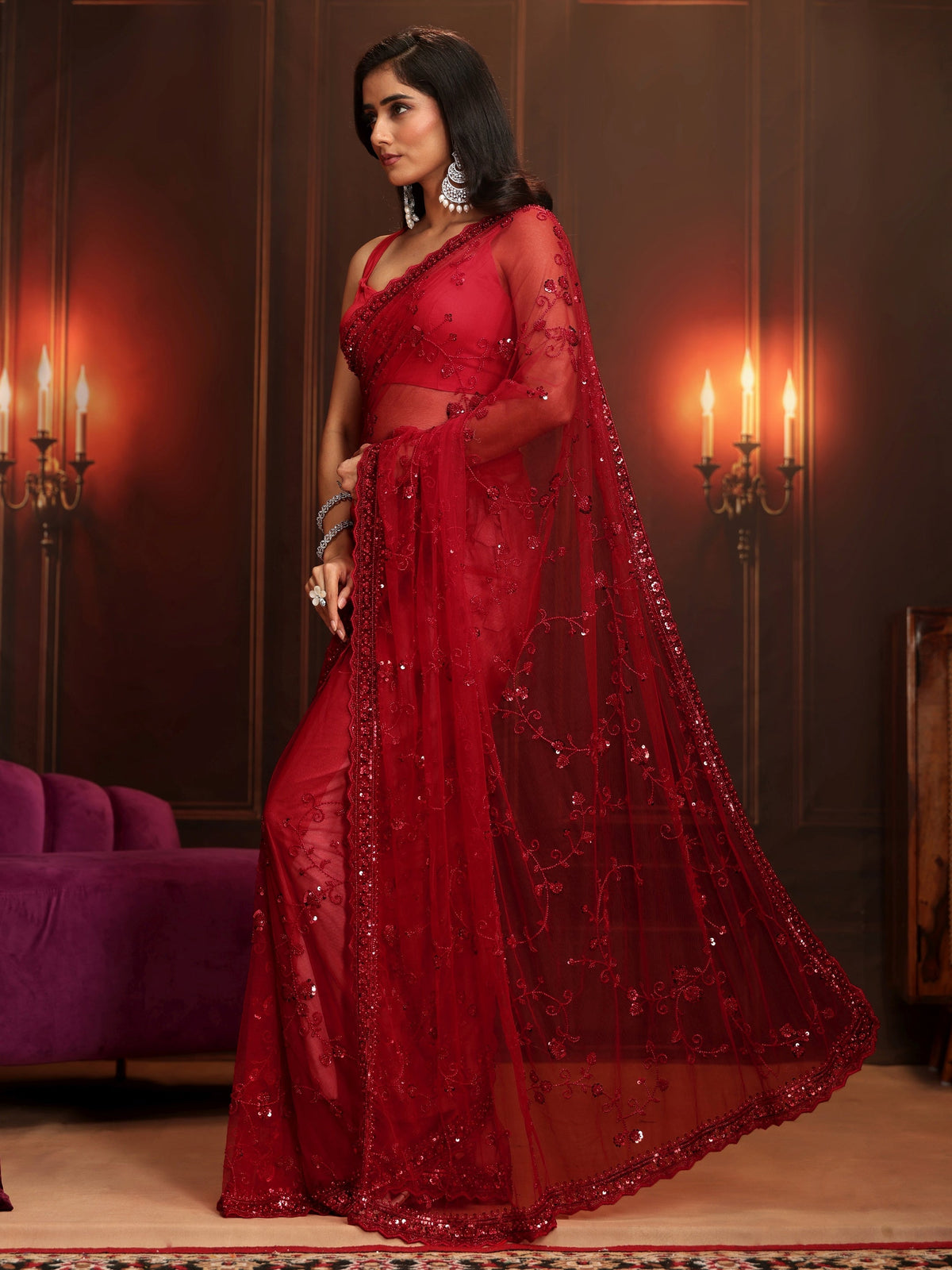 Anouk Art Ruby Red Floral Embellished Net Saree