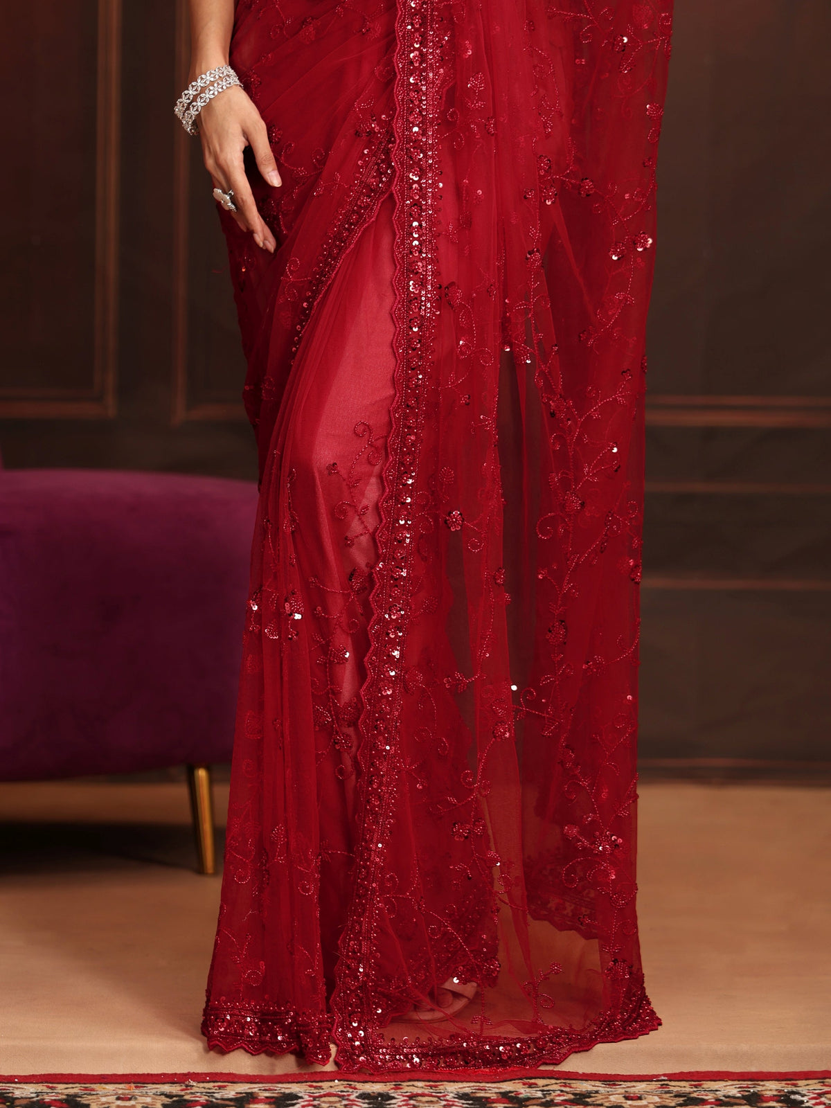 Anouk Art Ruby Red Floral Embellished Net Saree