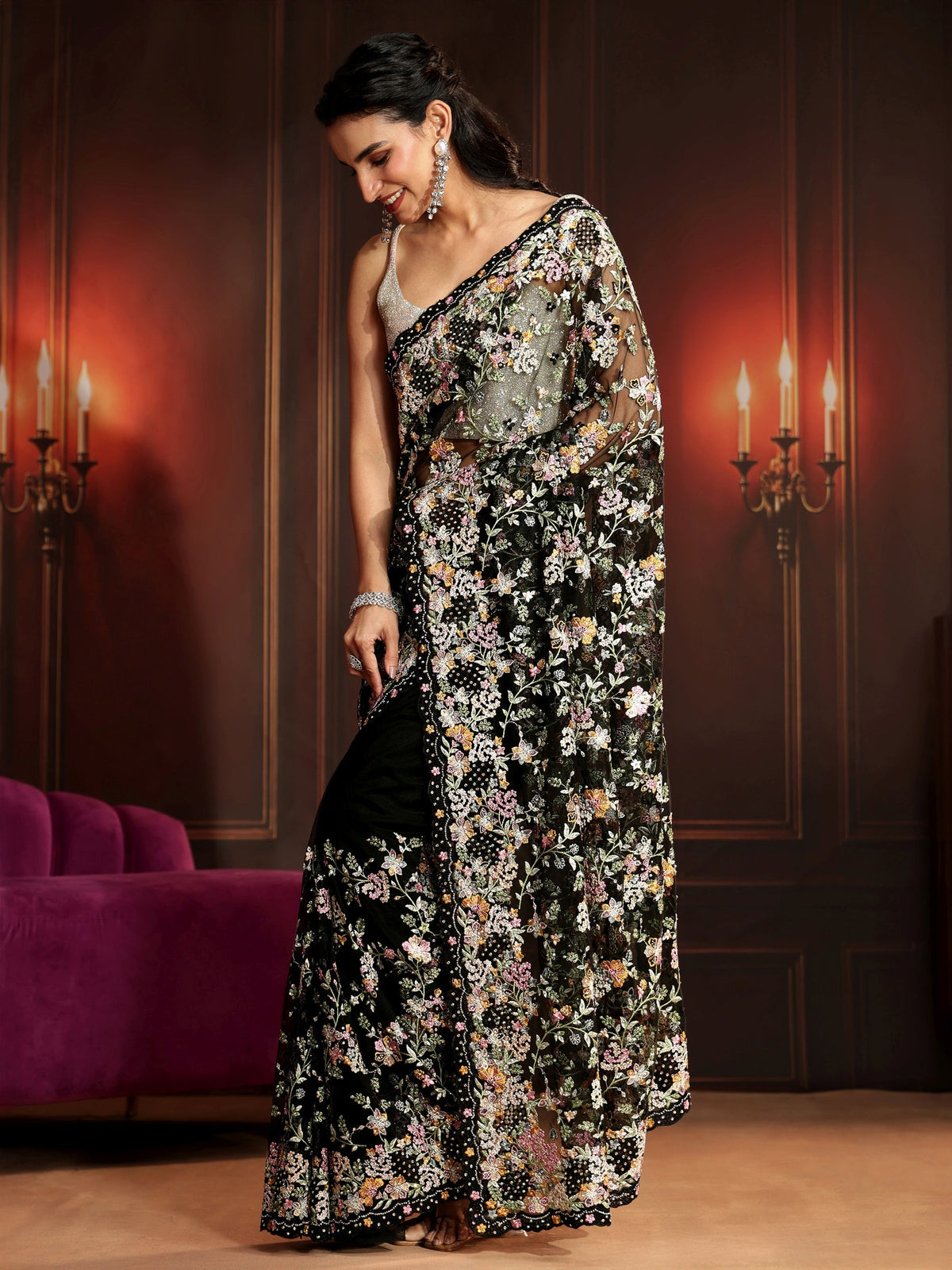 Anouk Art Black Floral Embroidered Net Saree