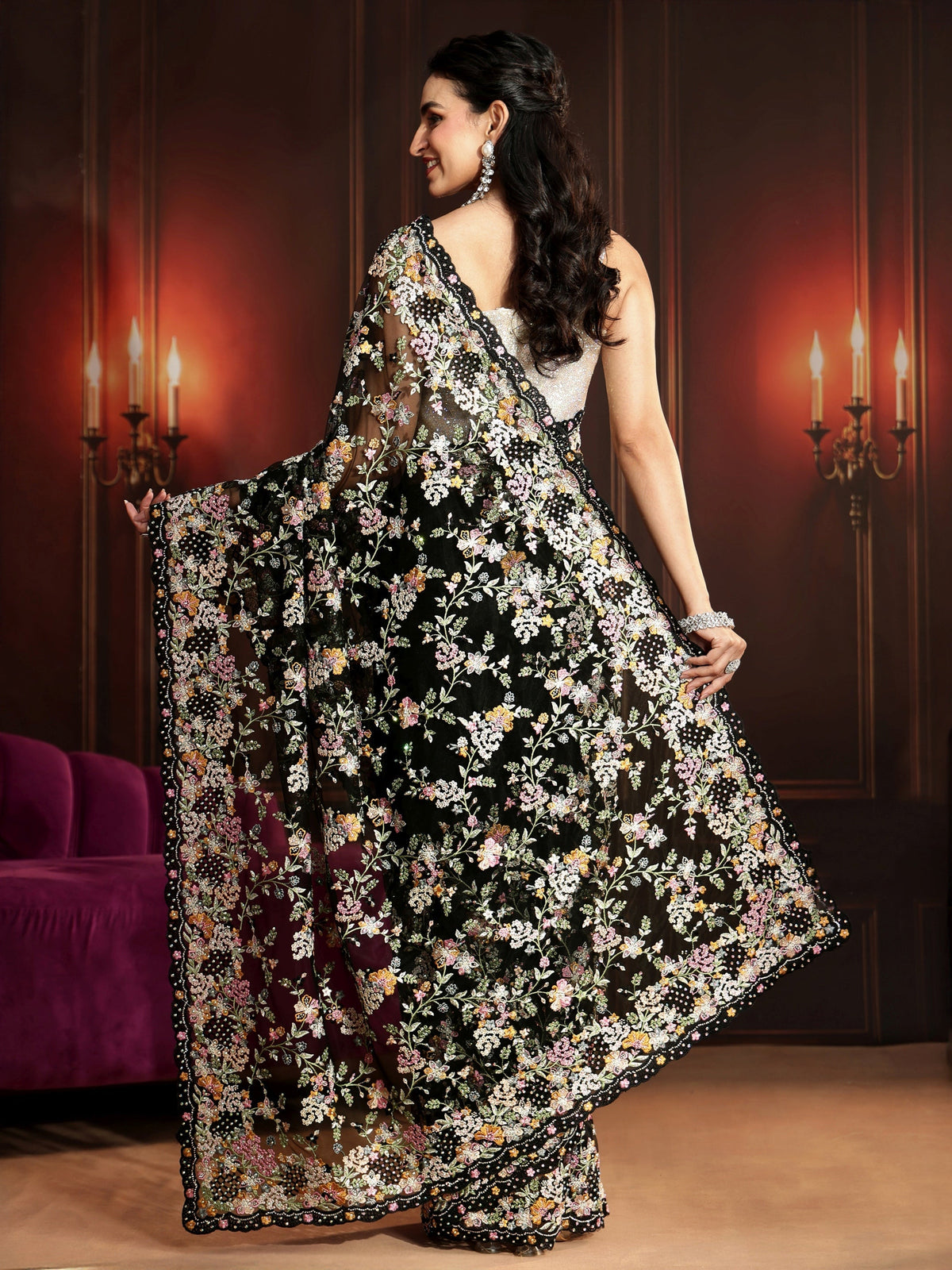 Anouk Art Black Floral Embroidered Net Saree