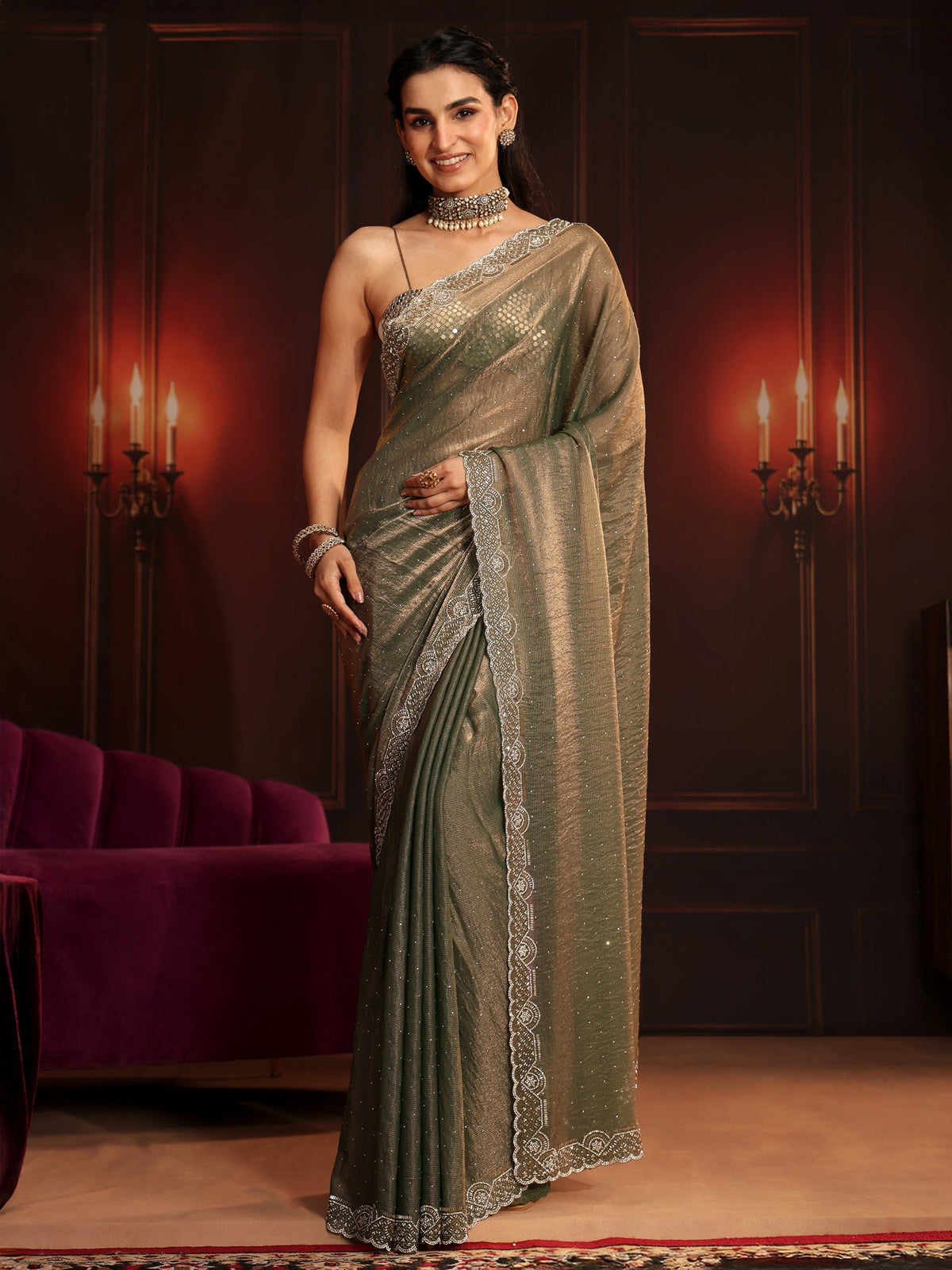 Anouk Art Dusty Olive Green Embellished Tissue Saree