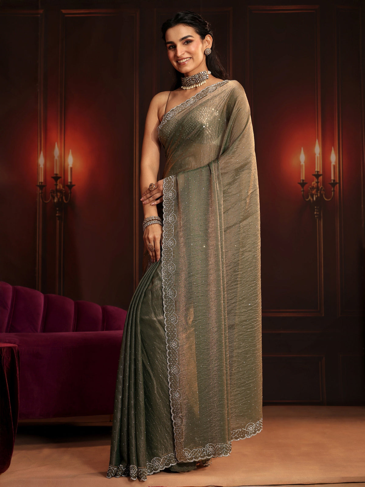 Anouk Art Dusty Olive Green Embellished Tissue Saree
