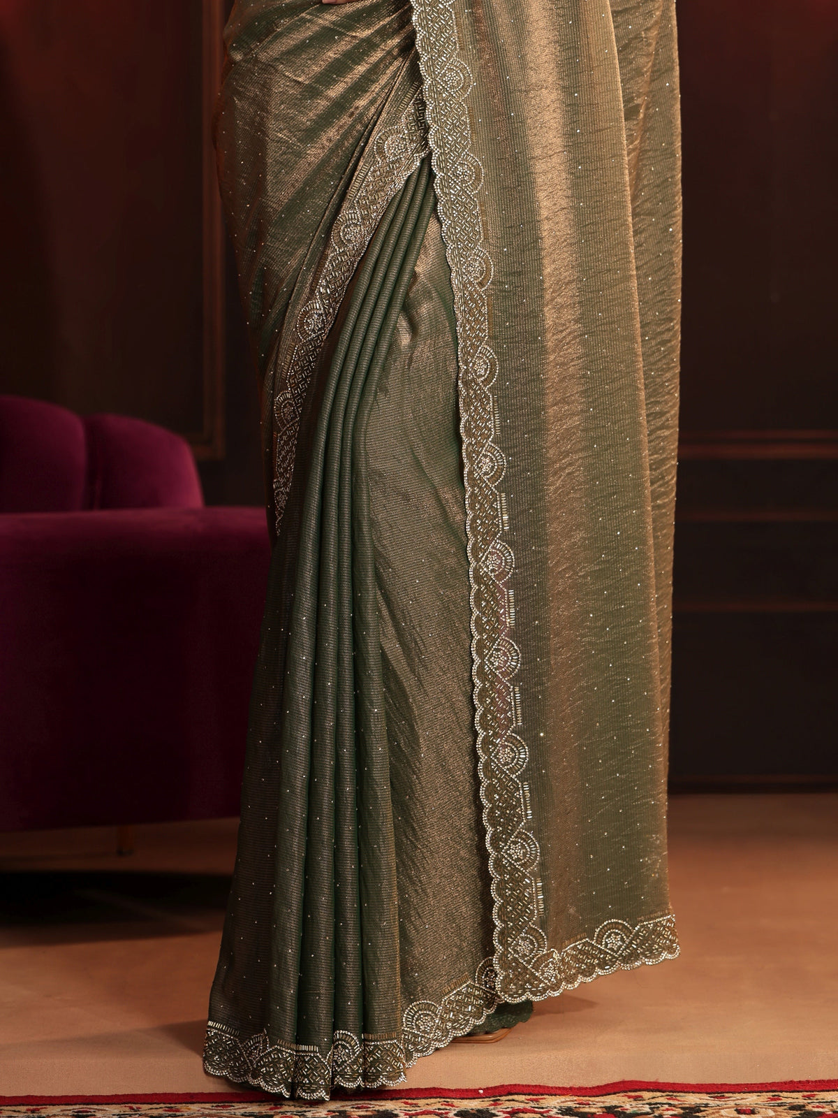 Anouk Art Dusty Olive Green Embellished Tissue Saree