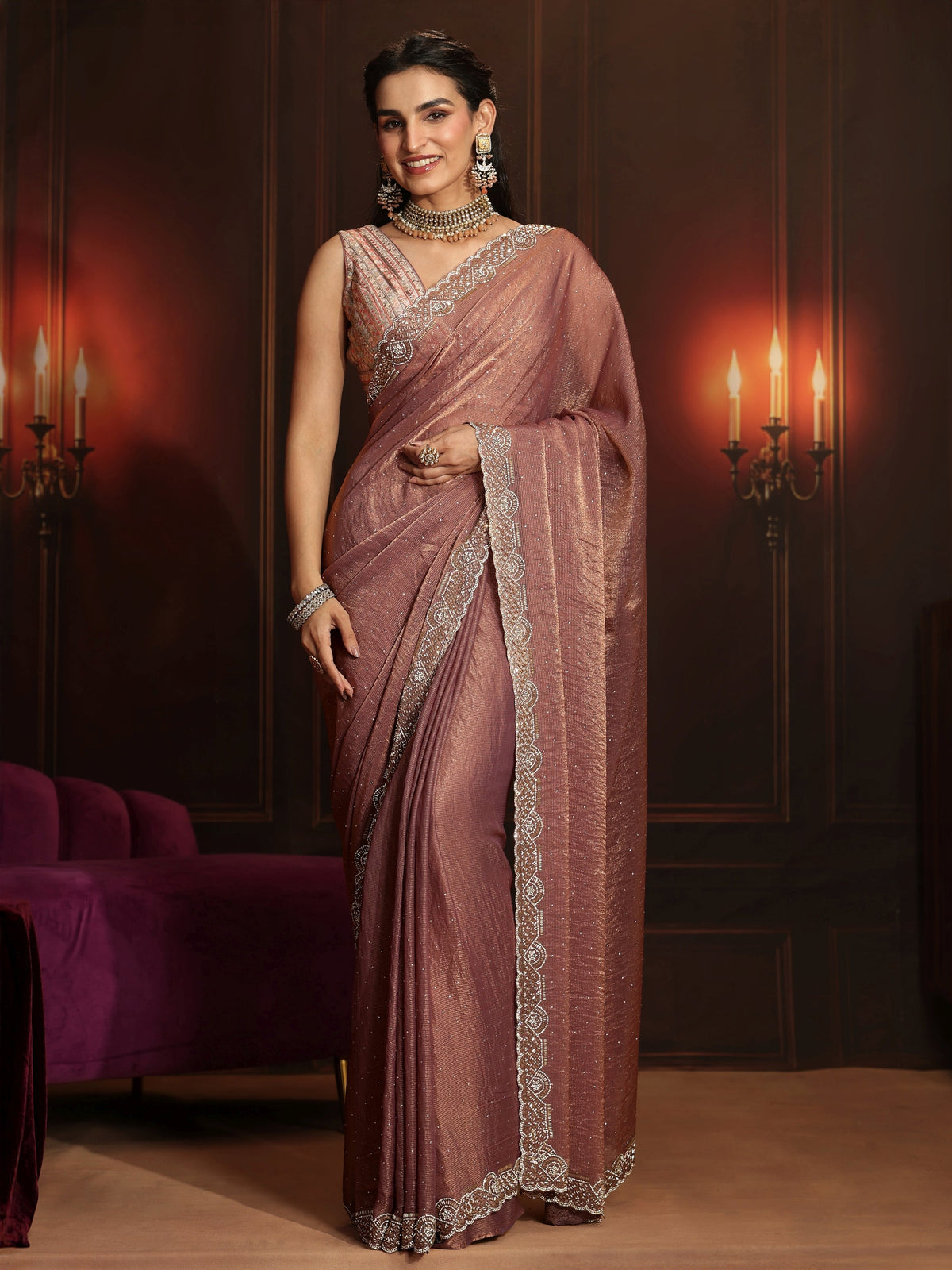 Anouk Art Mauve Embellished Tissue Saree