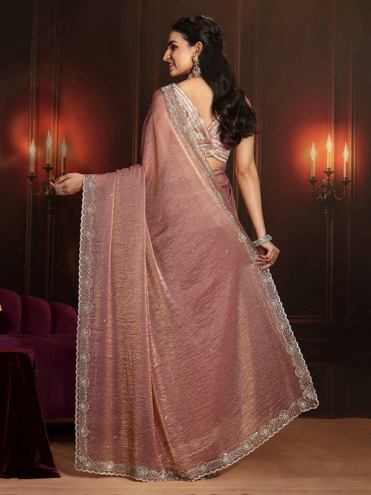 Anouk Art Mauve Embellished Tissue Saree