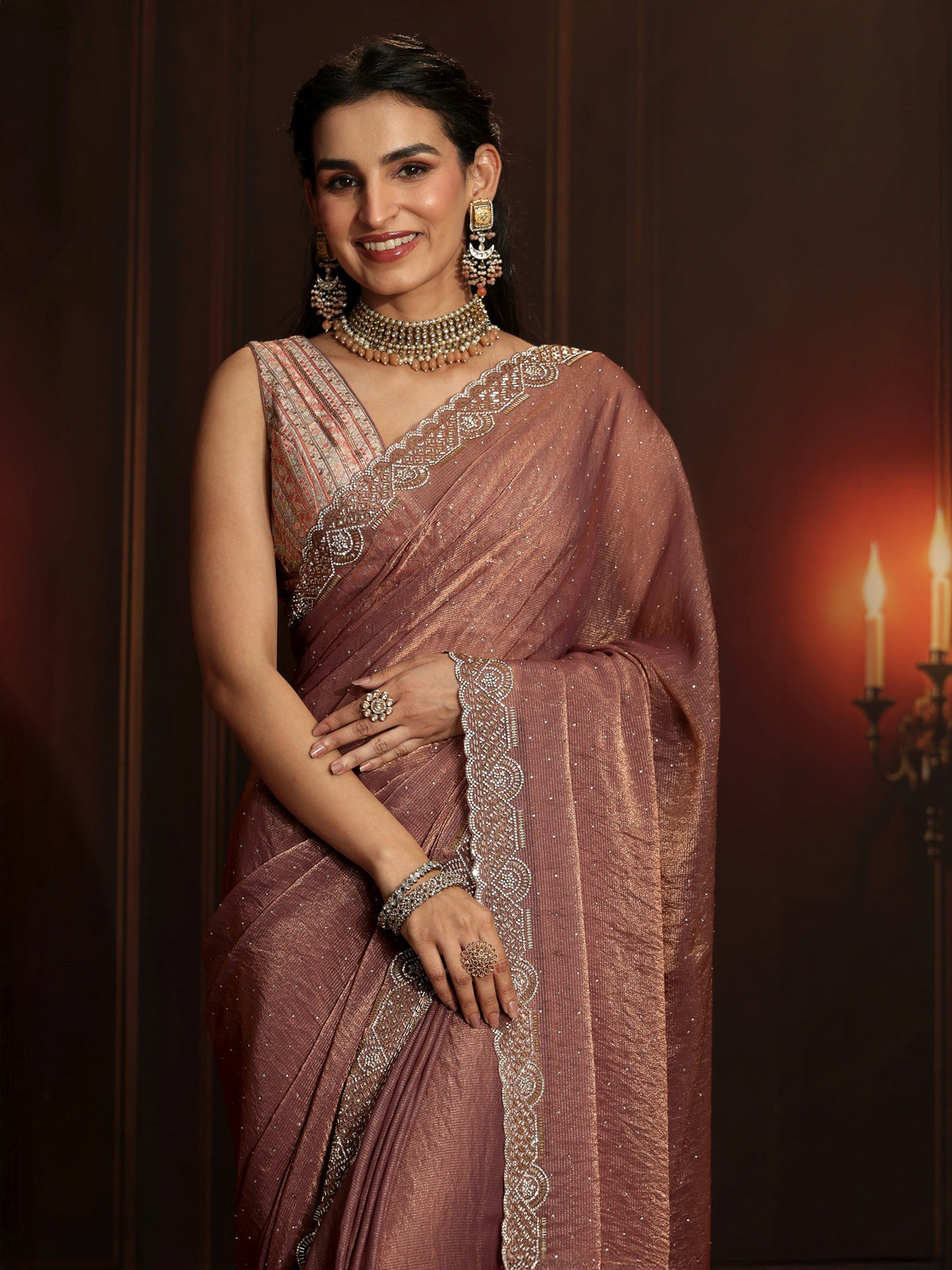 Anouk Art Mauve Embellished Tissue Saree