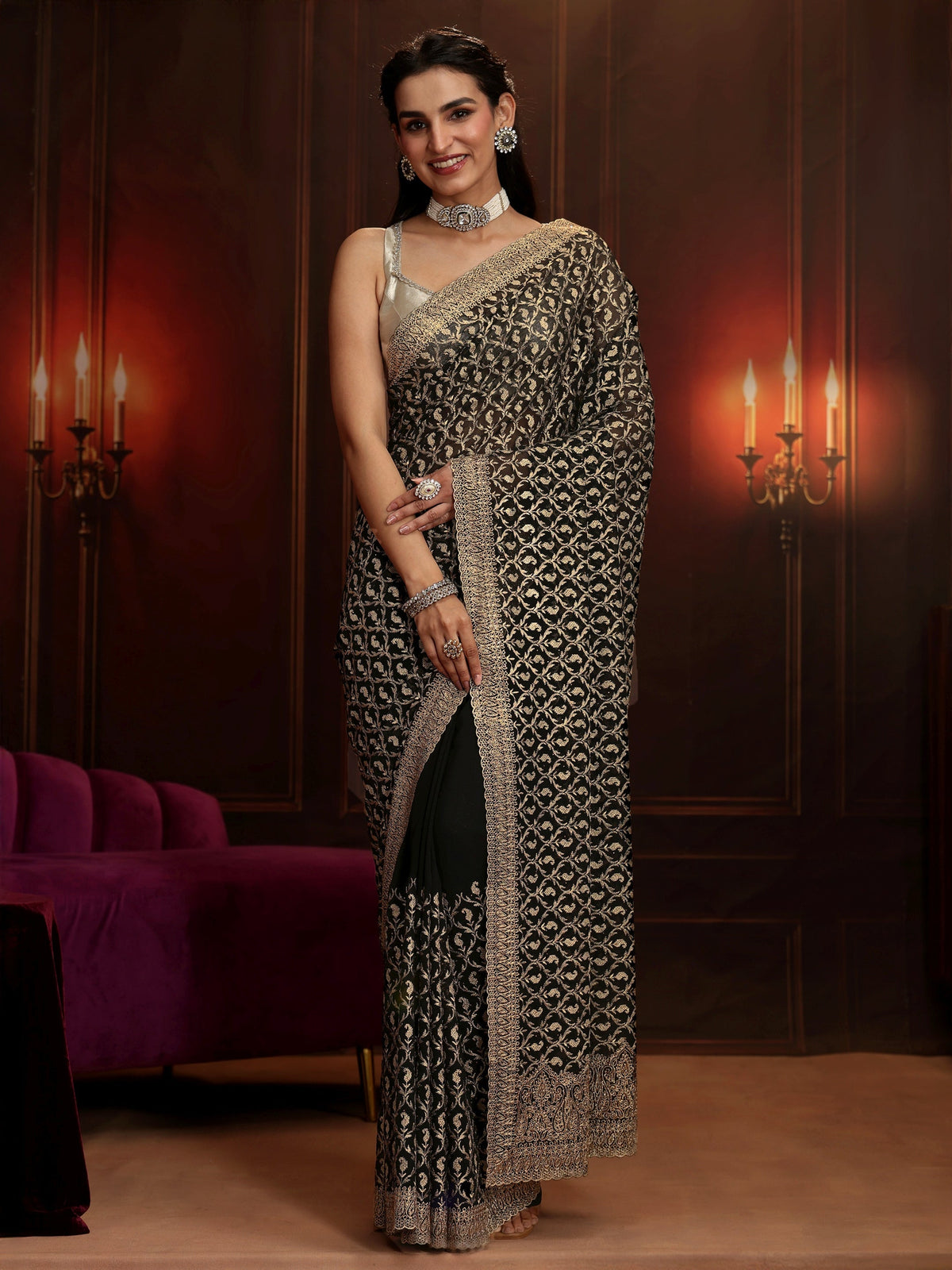 Anouk Art Black Embroidered Georgette Saree
