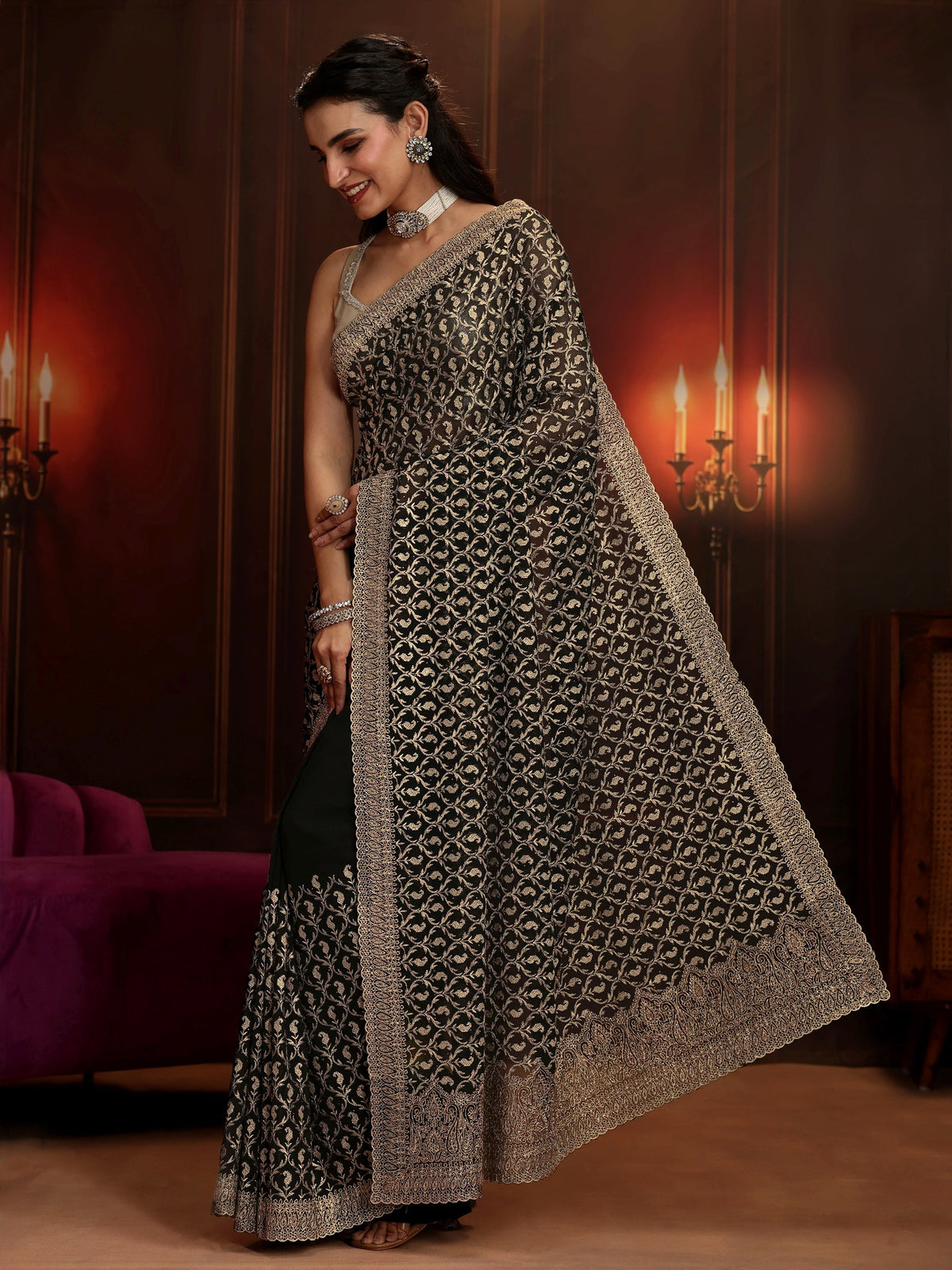 Anouk Art Black Embroidered Georgette Saree