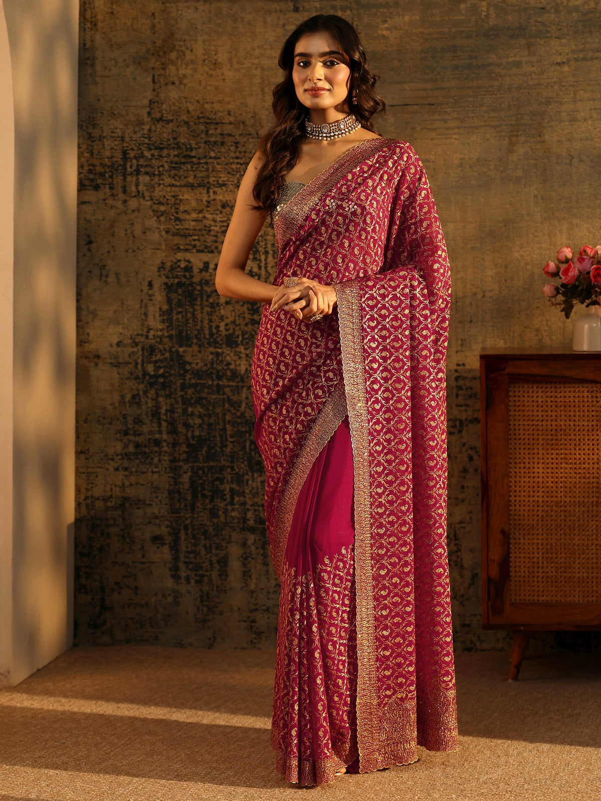 Anouk Art Magenta Pink Embroidered Georgette Saree