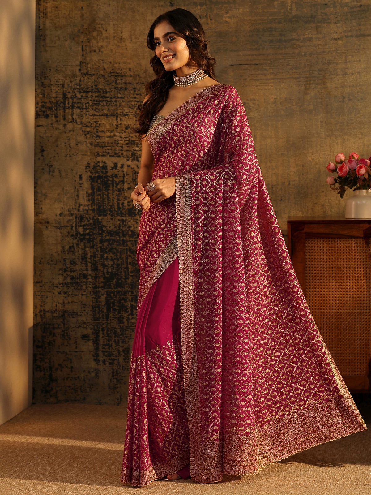 Anouk Art Magenta Pink Embroidered Georgette Saree