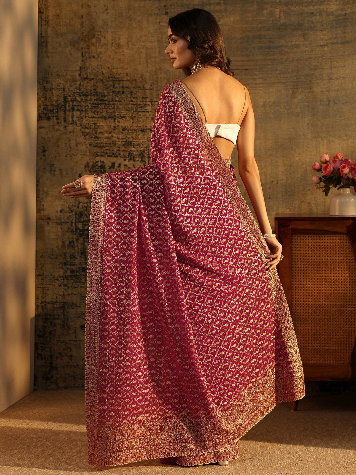Anouk Art Magenta Pink Embroidered Georgette Saree