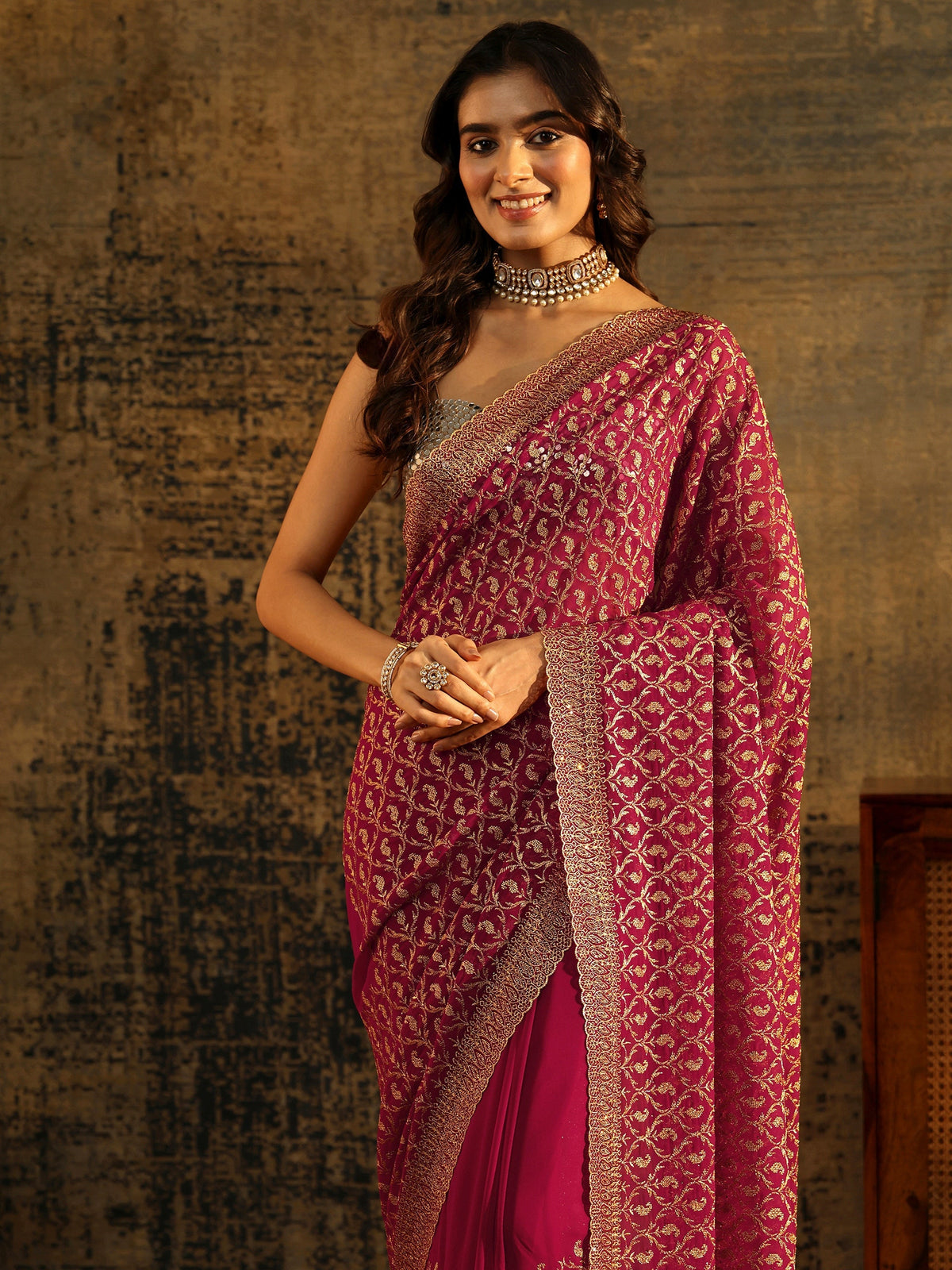 Anouk Art Magenta Pink Embroidered Georgette Saree