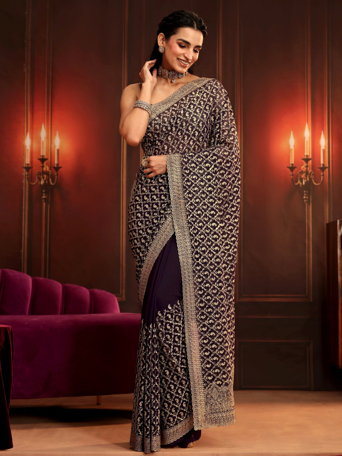 Anouk Art Aubergine Purple Embroidered Georgette Saree