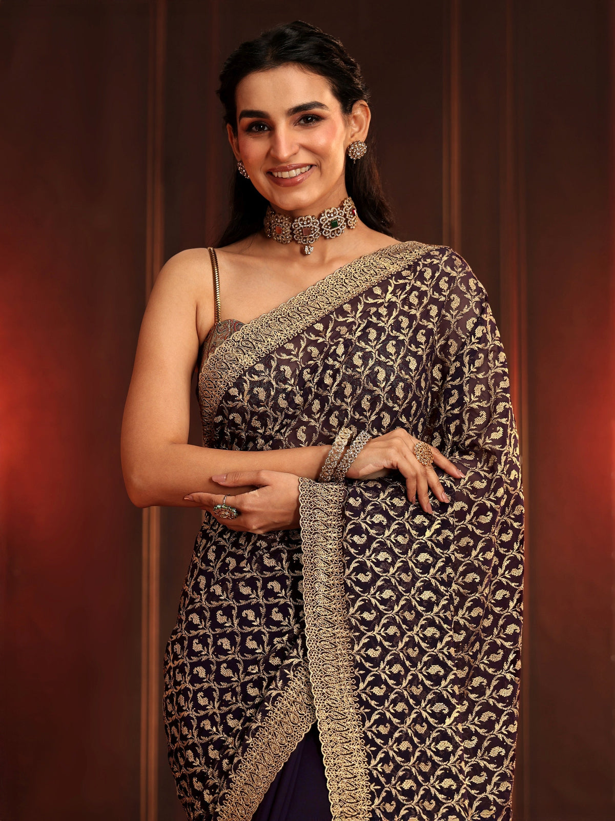 Anouk Art Aubergine Purple Embroidered Georgette Saree