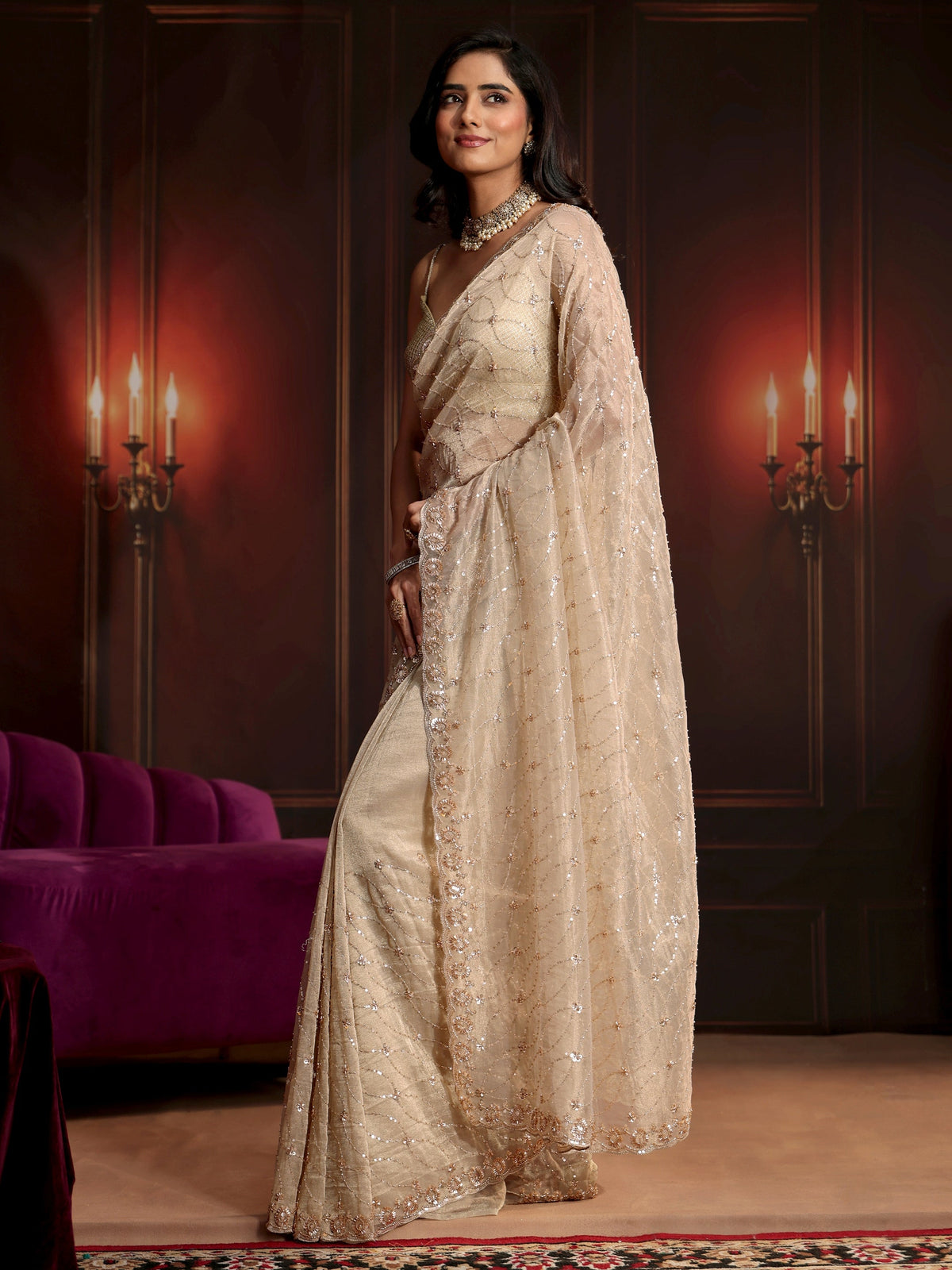 Anouk Art Cream Sequin Embellished Net Saree