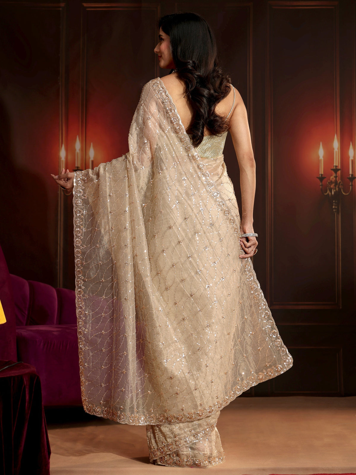 Anouk Art Cream Sequin Embellished Net Saree