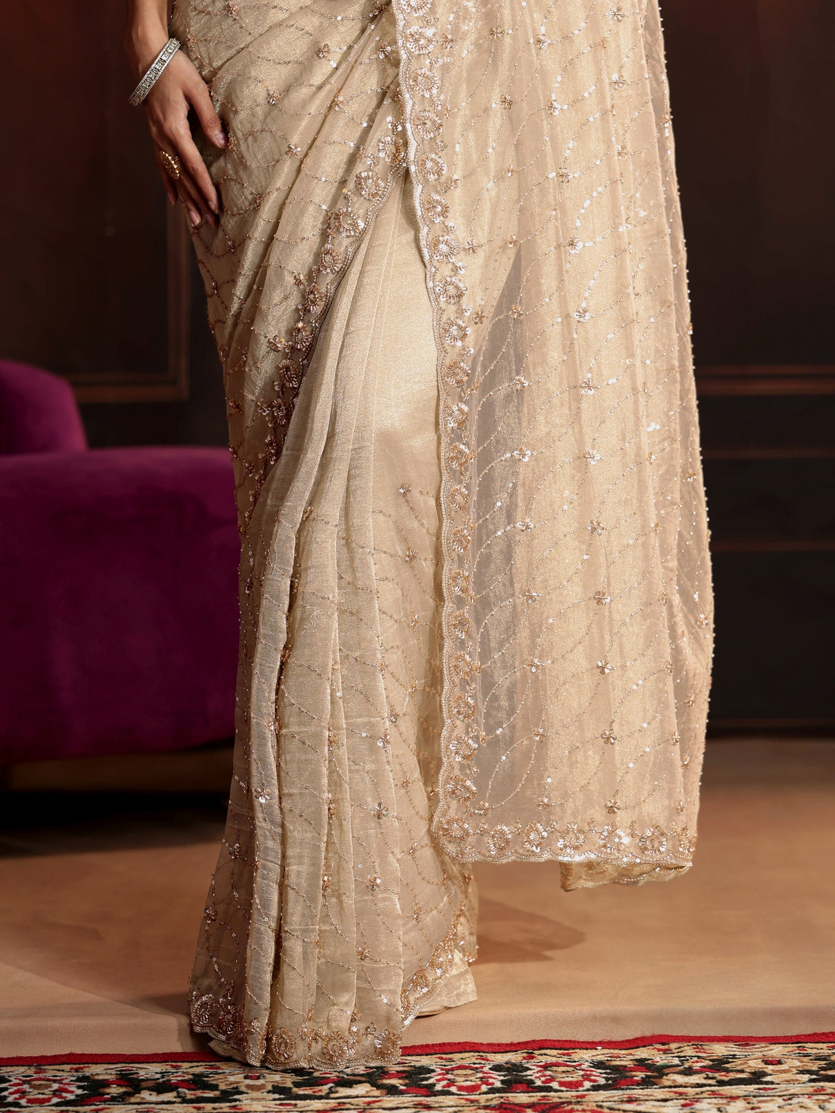 Anouk Art Cream Sequin Embellished Net Saree