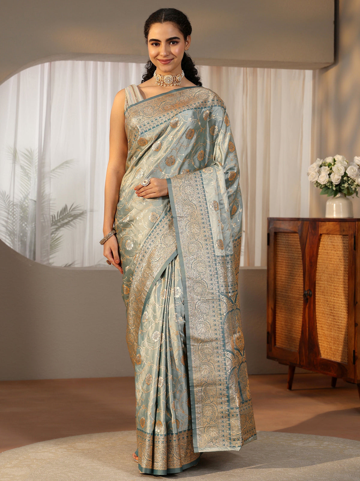 Anouk Dusty Blue Banarasi Satin Saree