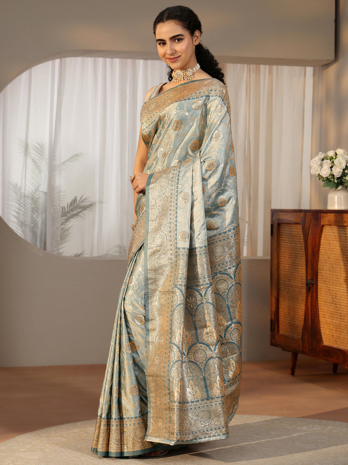 Anouk Dusty Blue Banarasi Satin Saree
