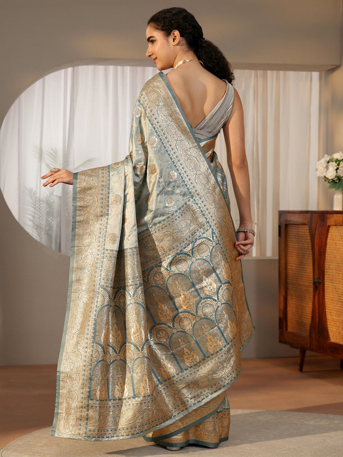 Anouk Dusty Blue Banarasi Satin Saree