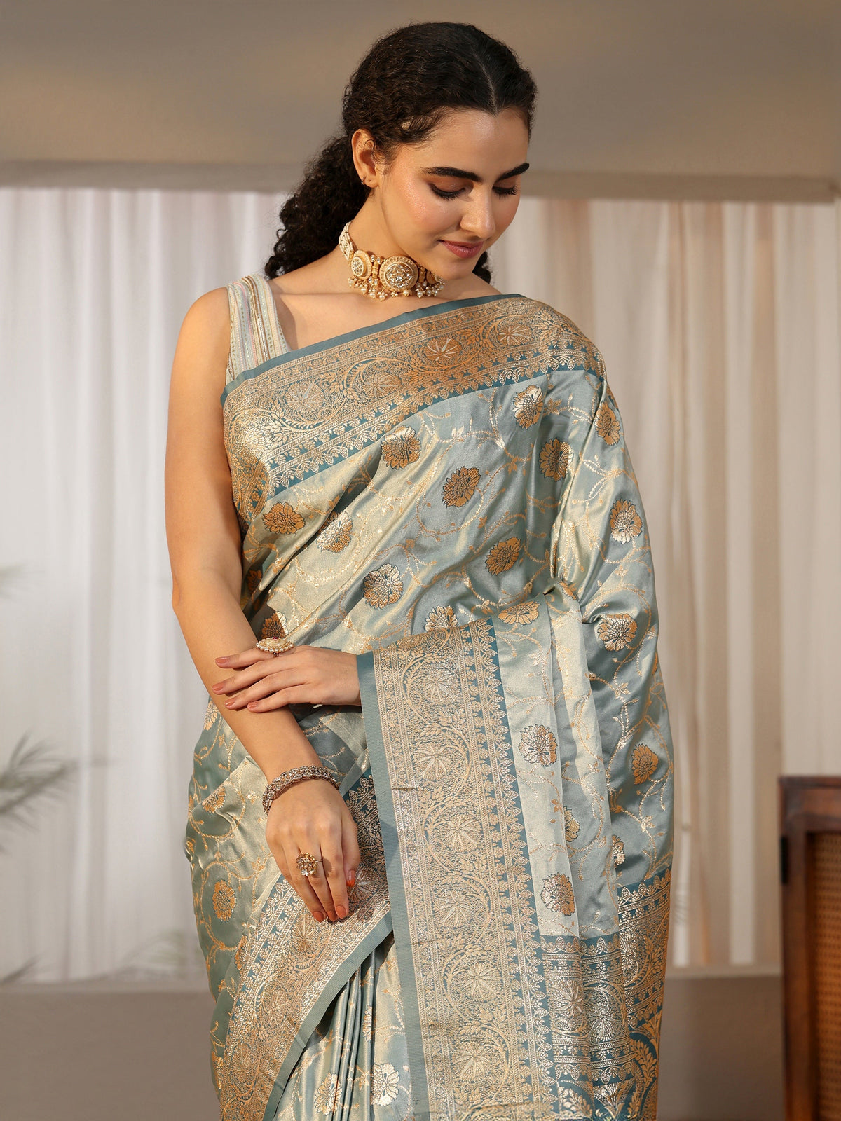 Anouk Dusty Blue Banarasi Satin Saree