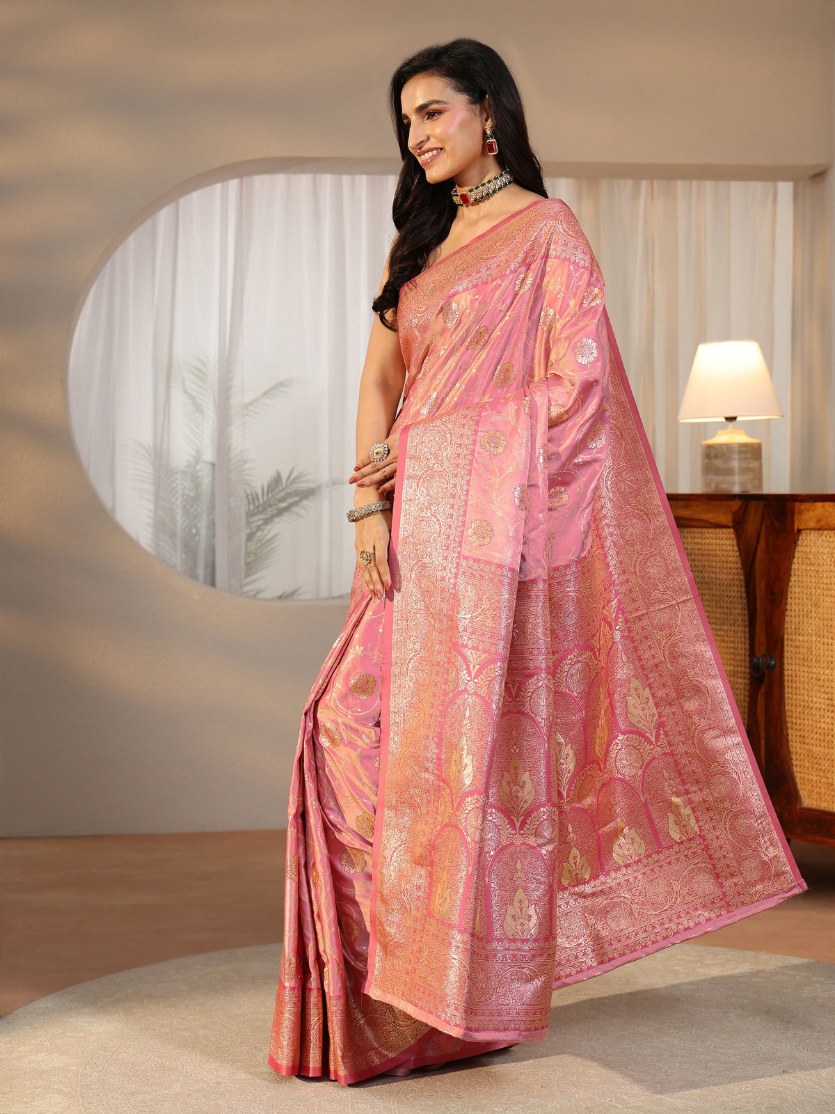 Anouk Rose Pink Banarasi Satin Saree