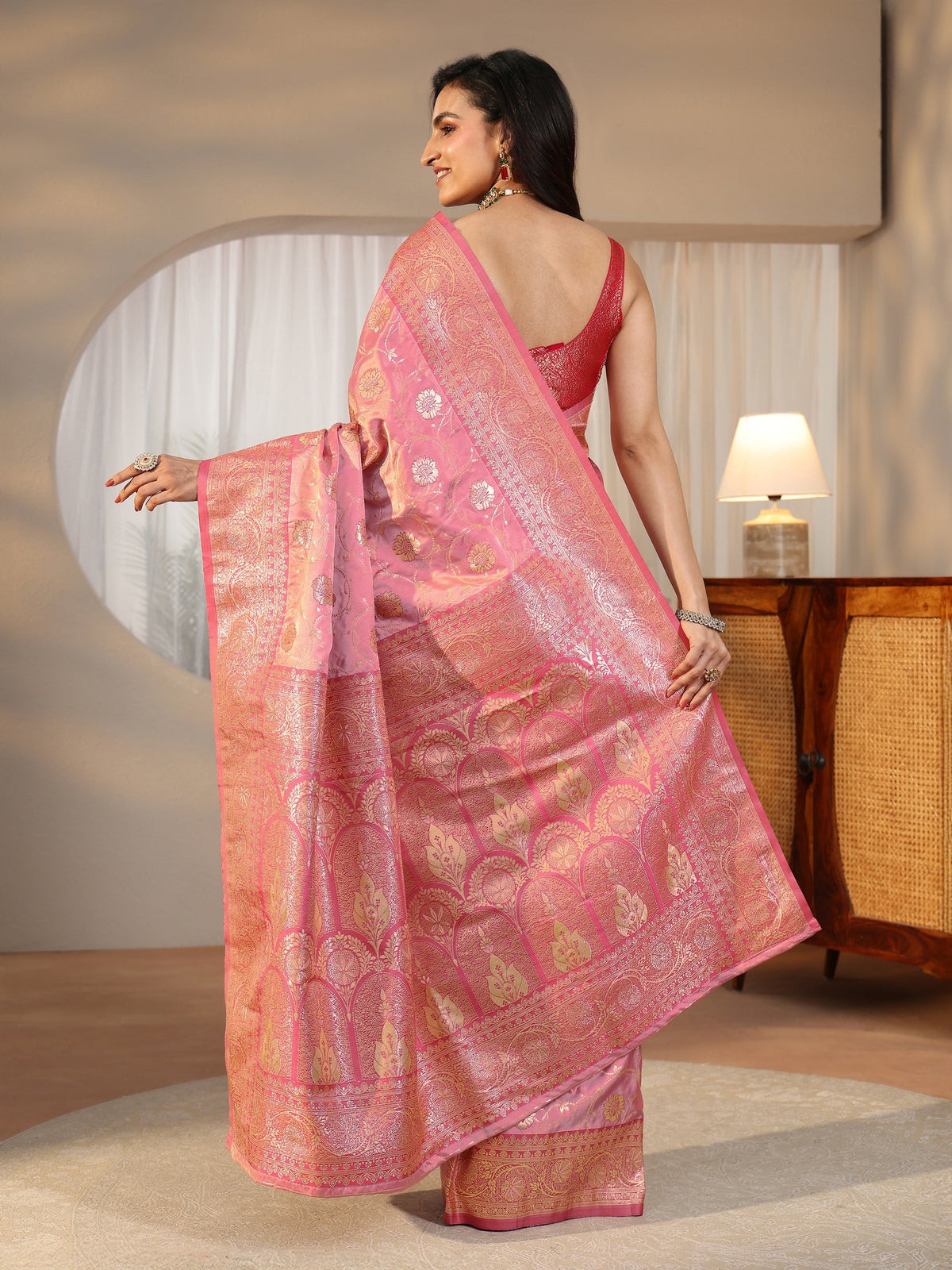 Anouk Rose Pink Banarasi Satin Saree
