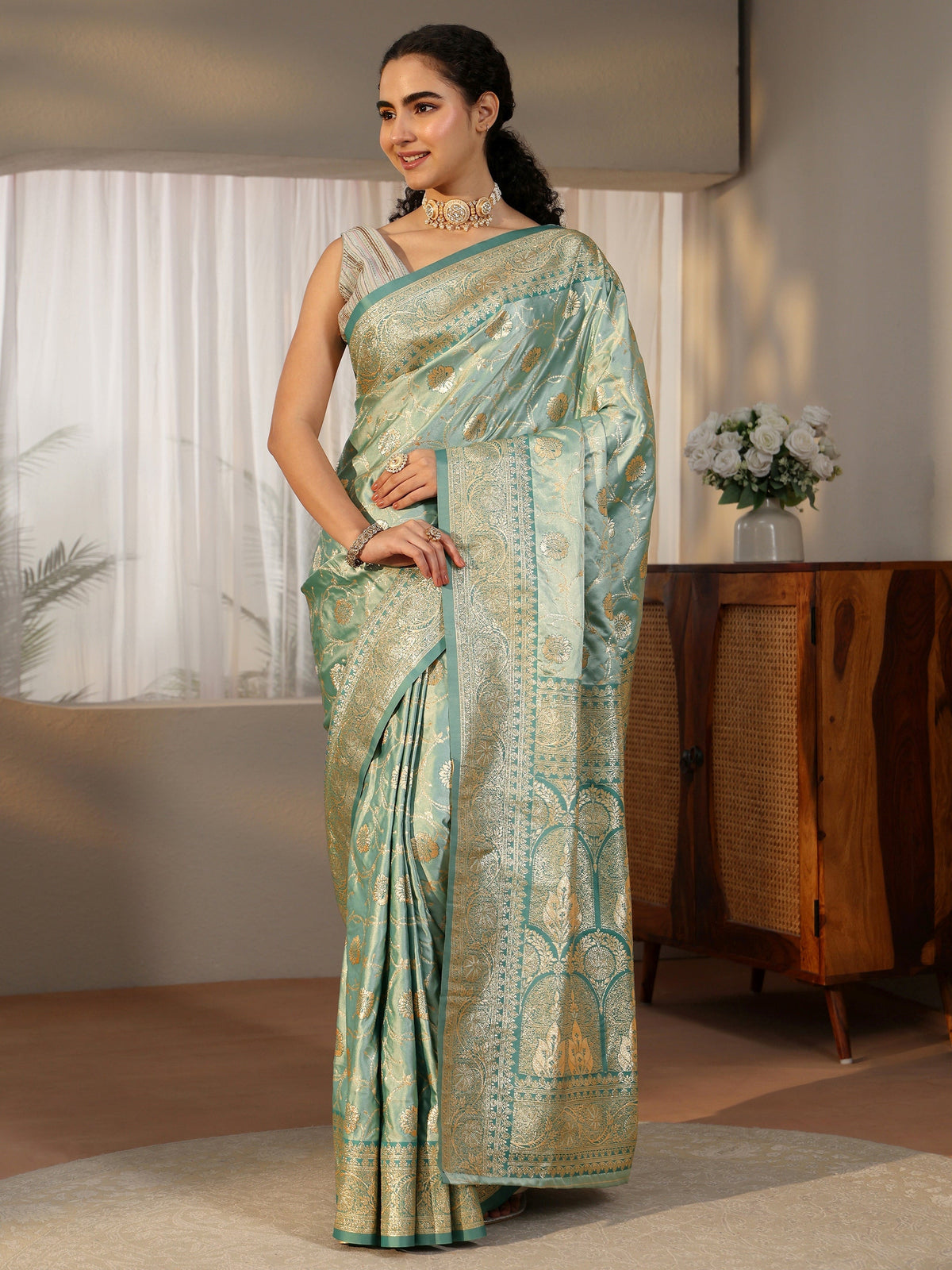 Anouk Sea Green Banarasi Satin Saree