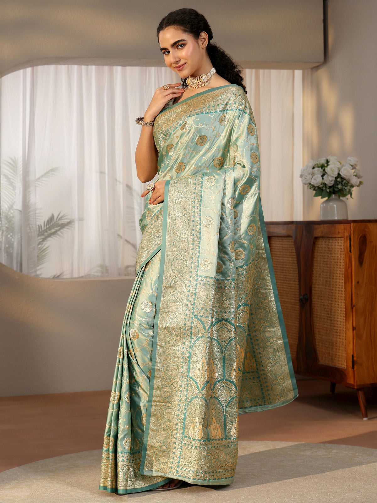 Anouk Sea Green Banarasi Satin Saree