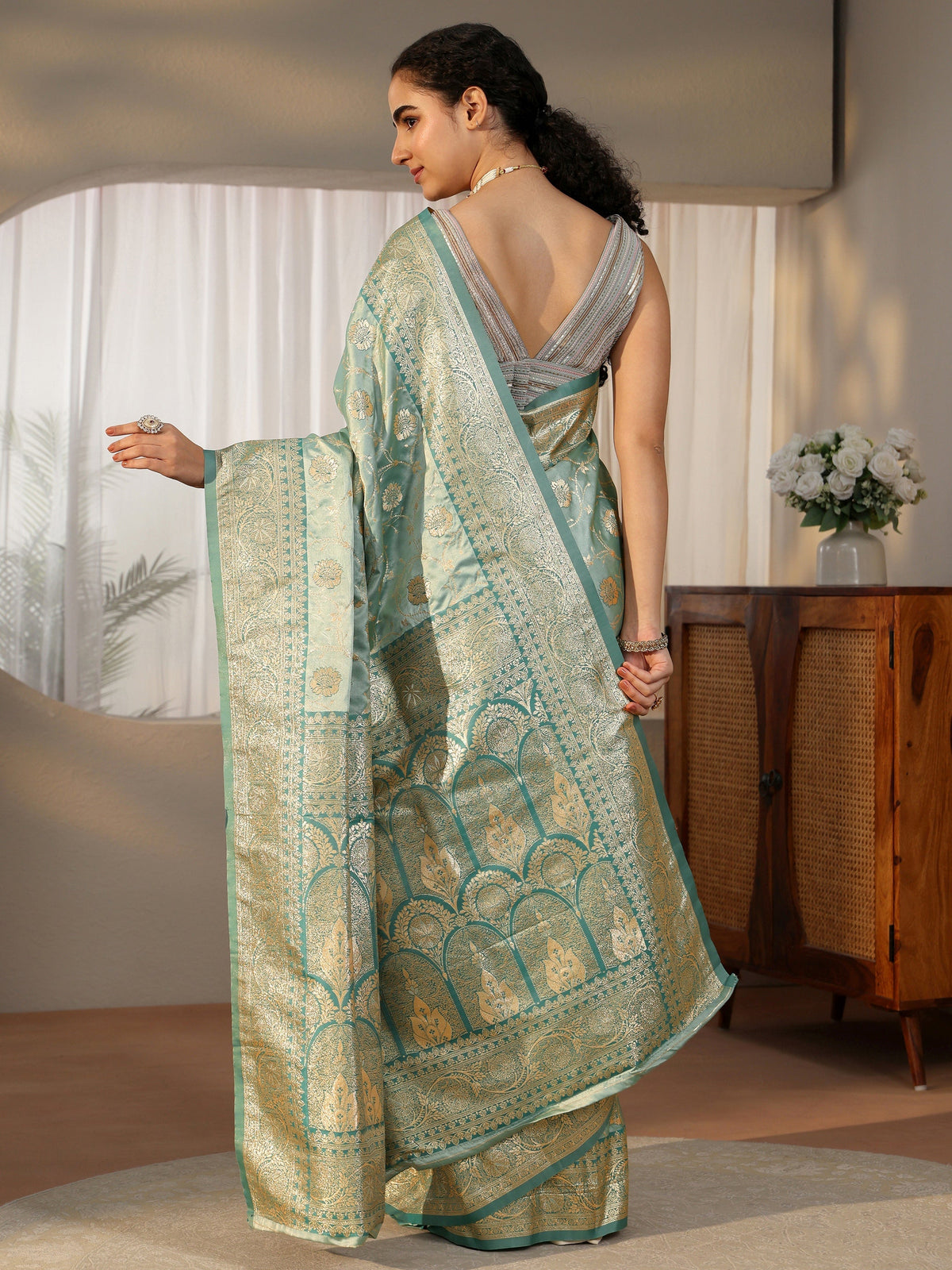 Anouk Sea Green Banarasi Satin Saree