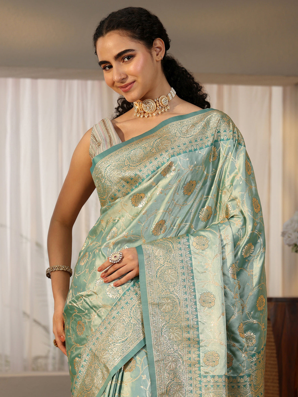 Anouk Sea Green Banarasi Satin Saree