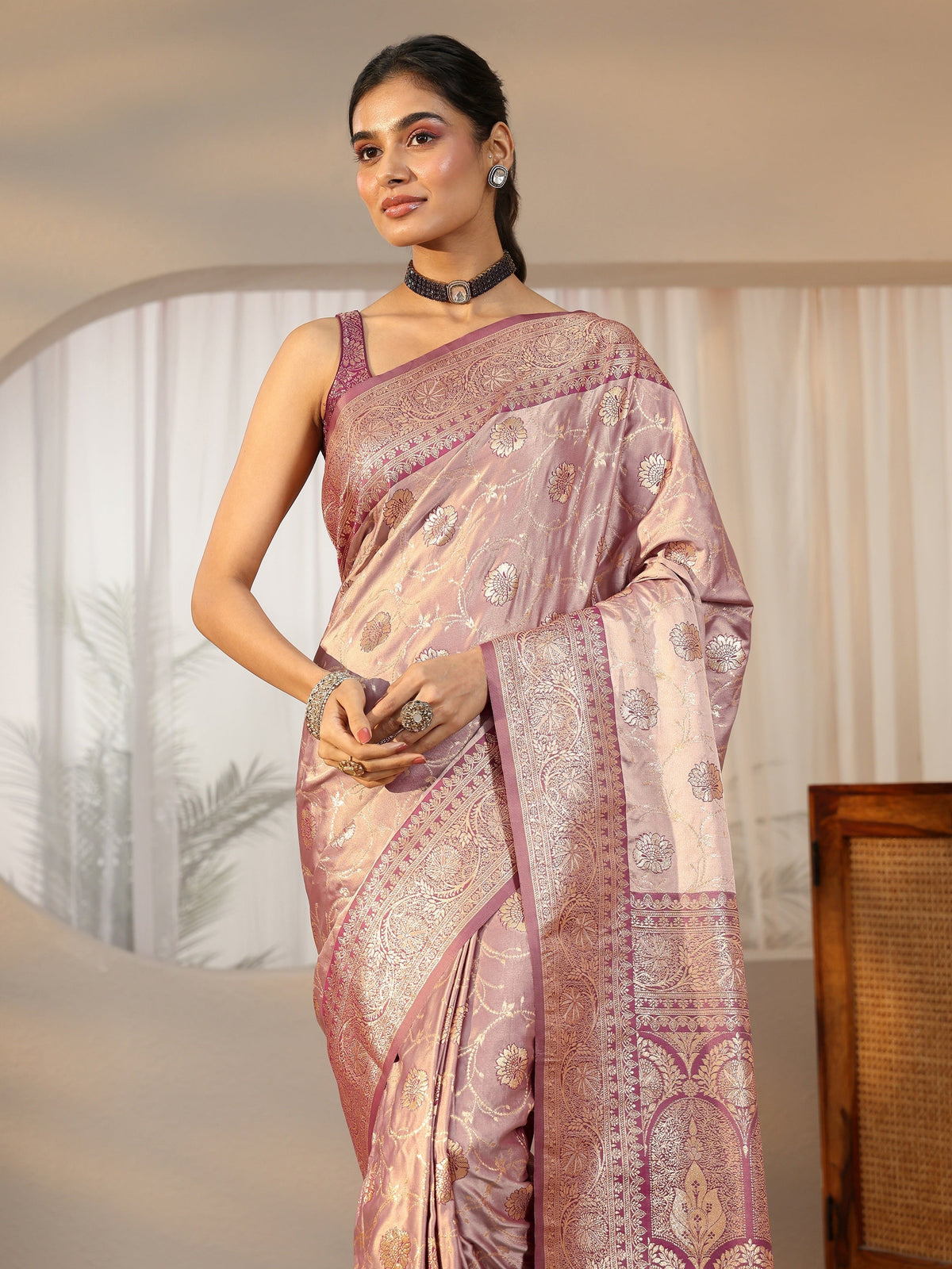 Anouk Dusty Lilac Banarasi Satin Saree
