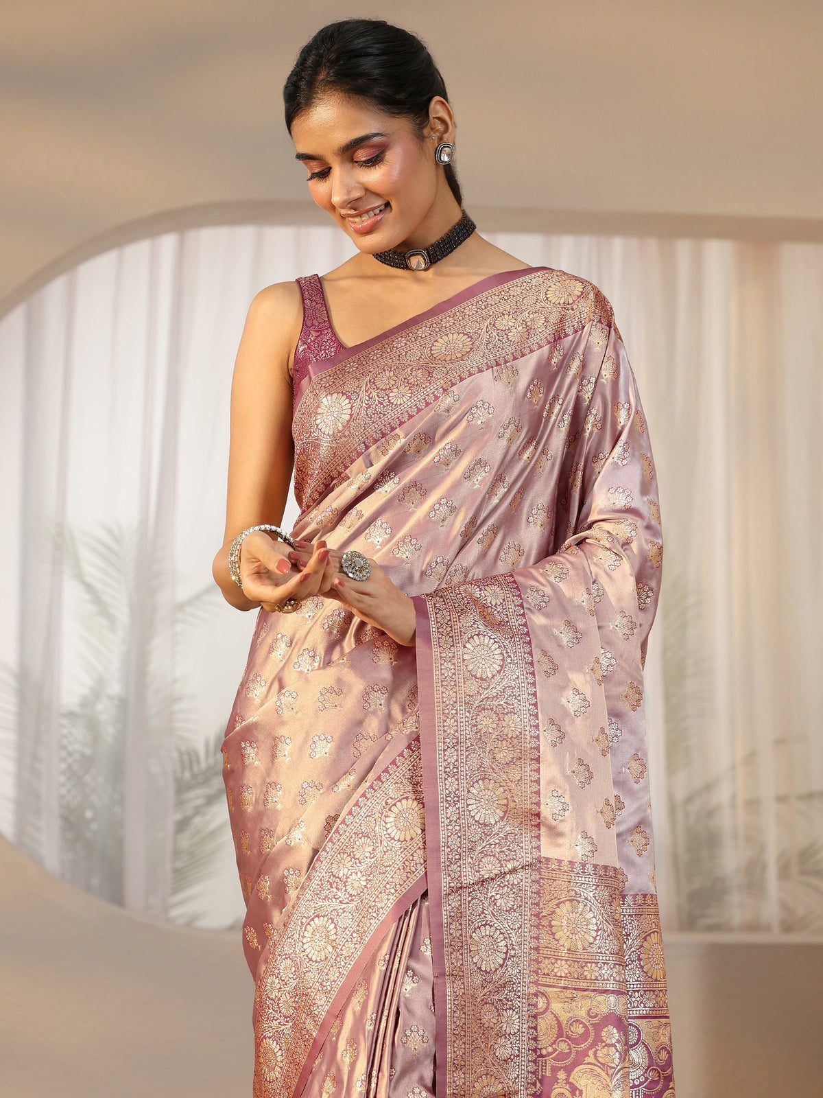 Anouk Dusty Lilac Banarasi Satin Saree