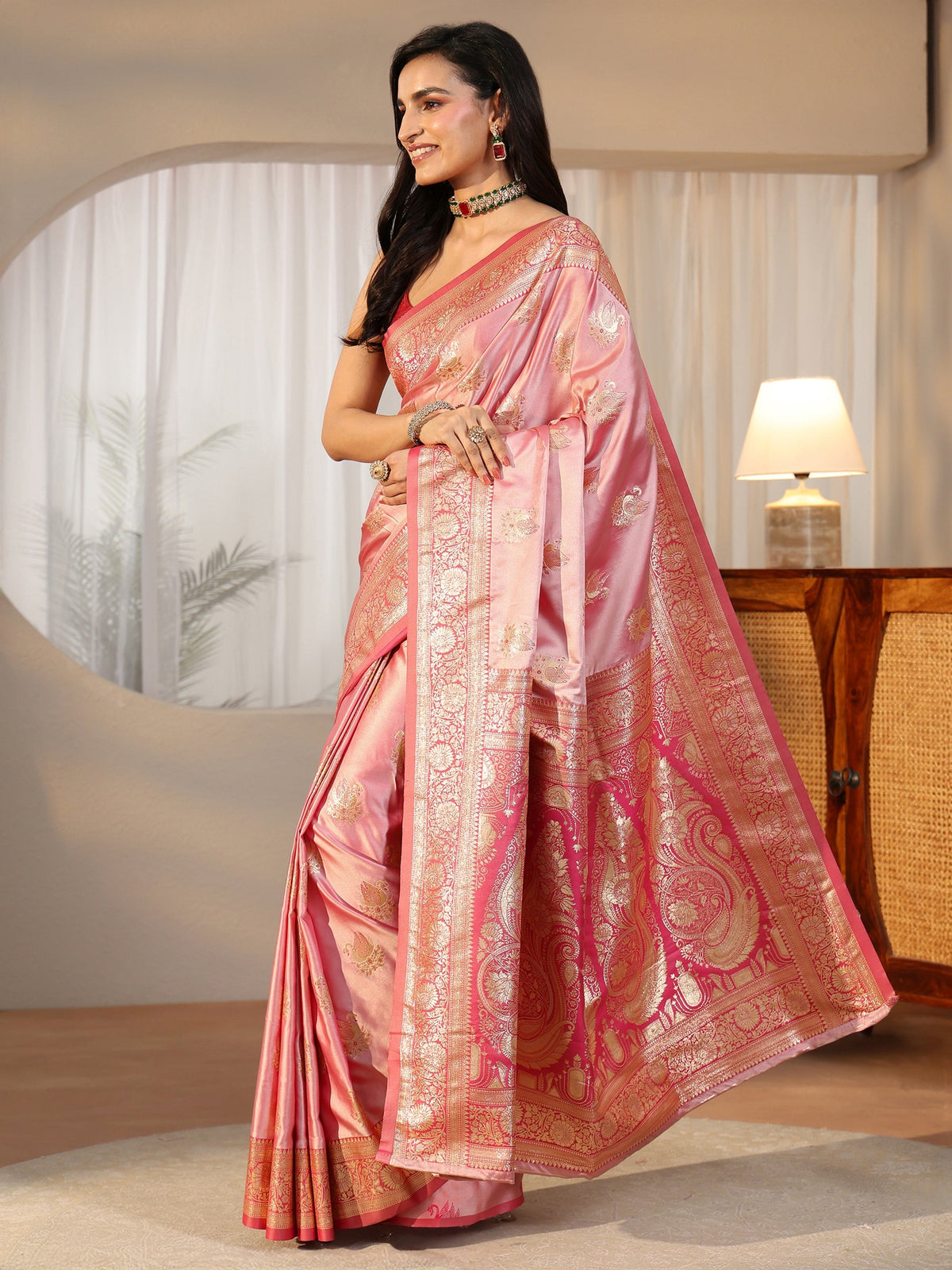 Anouk Rose Pink Banarasi Satin Saree