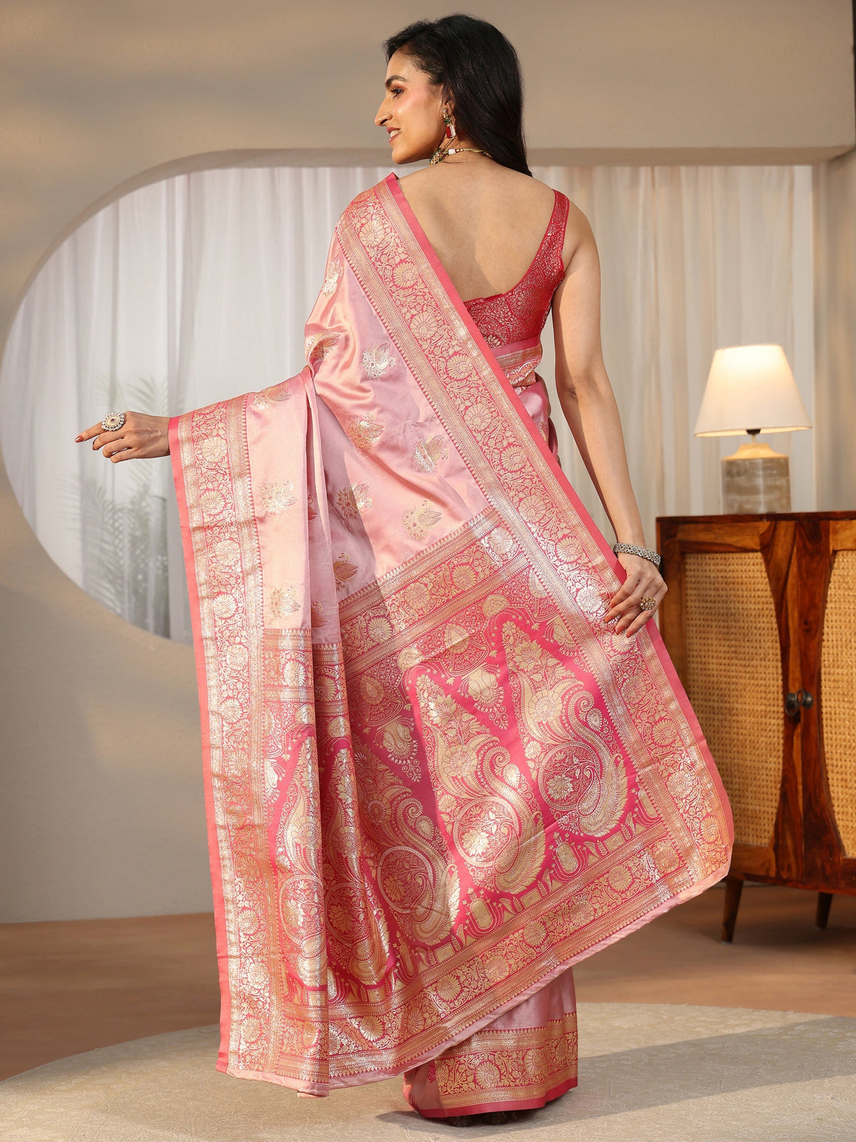 Anouk Rose Pink Banarasi Satin Saree