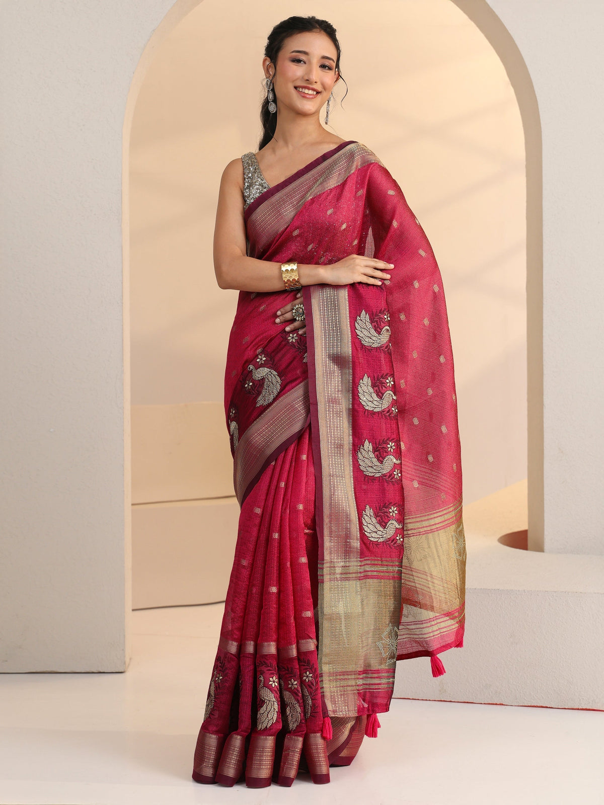 Anouk Cranberry Pink Peacock Motif Chanderi Silk Saree