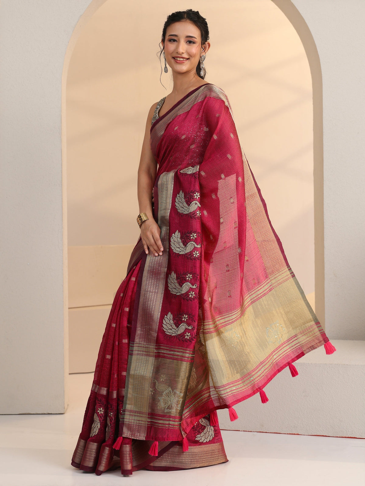 Anouk Cranberry Pink Peacock Motif Chanderi Silk Saree