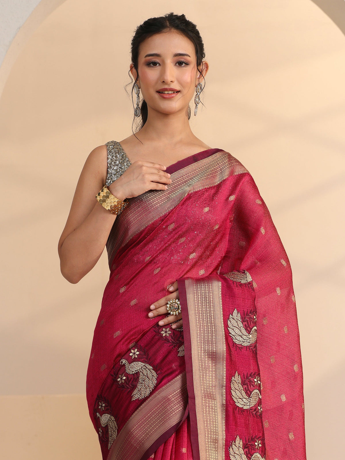 Anouk Cranberry Pink Peacock Motif Chanderi Silk Saree