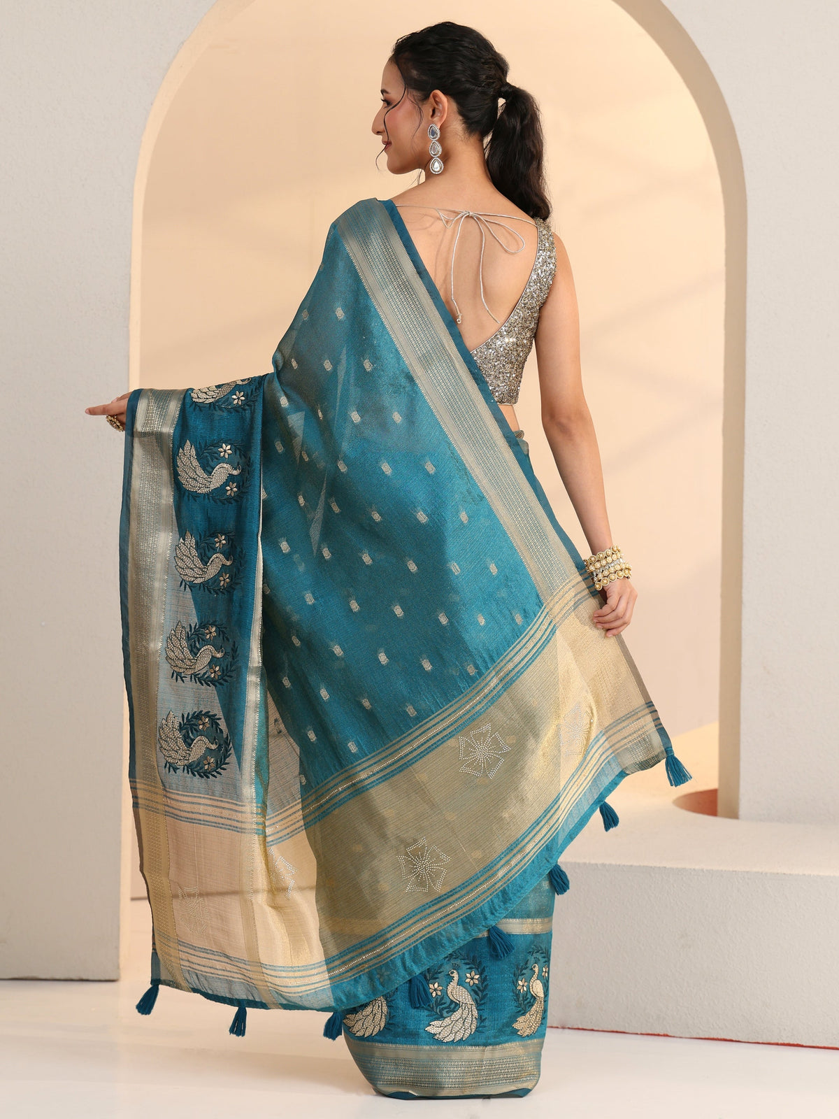 Anouk Aqua Blue Peacock Motif Chanderi Silk Saree