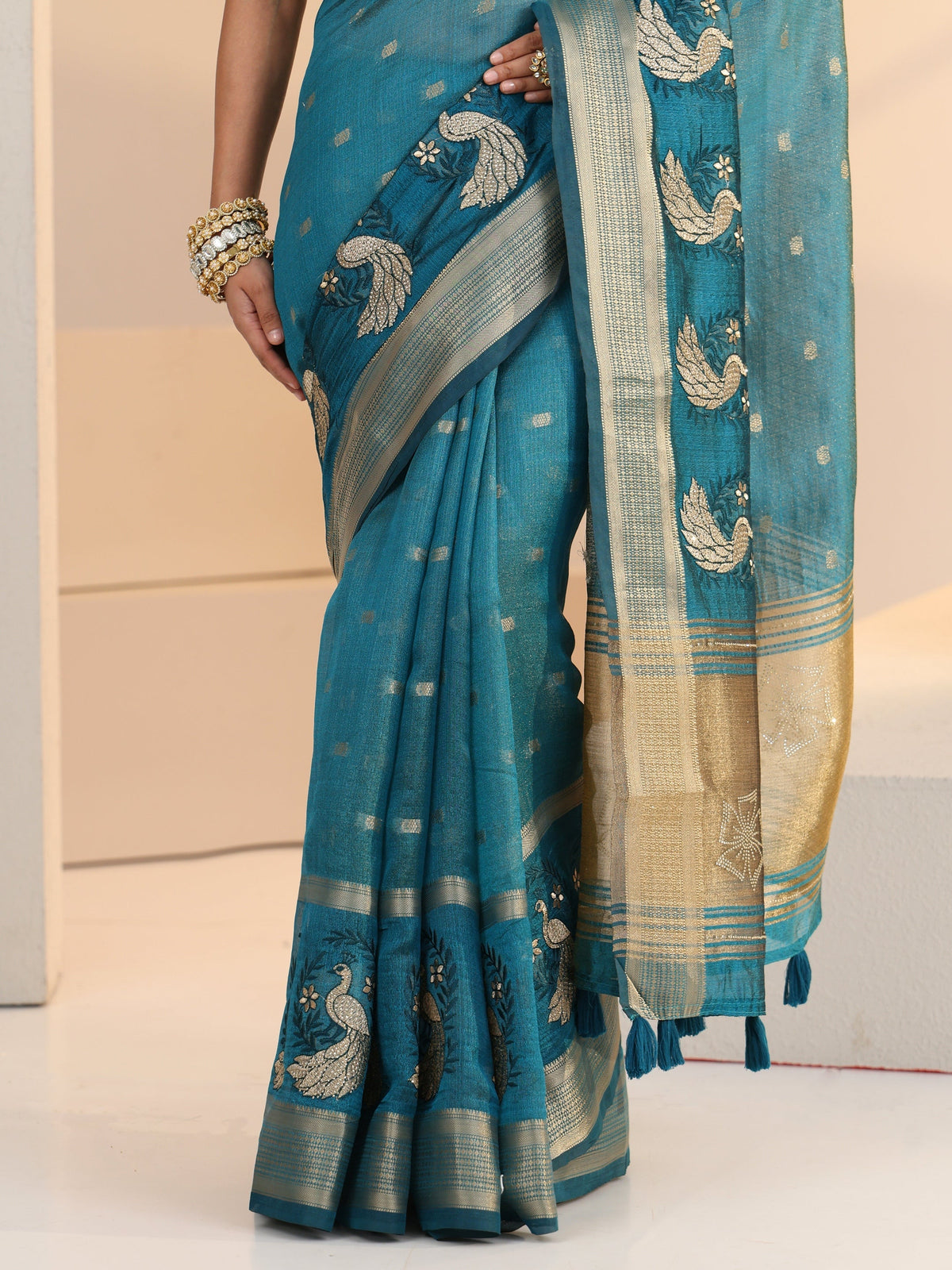 Anouk Aqua Blue Peacock Motif Chanderi Silk Saree