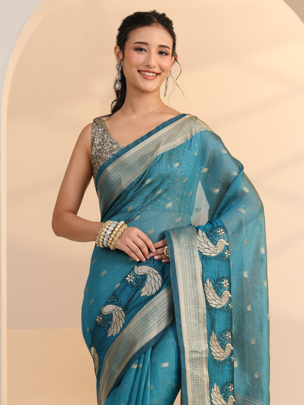 Anouk Aqua Blue Peacock Motif Chanderi Silk Saree