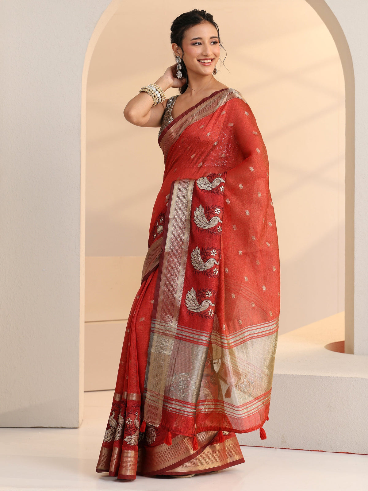 Anouk Terracotta Red Peacock Motif Chanderi Silk Saree