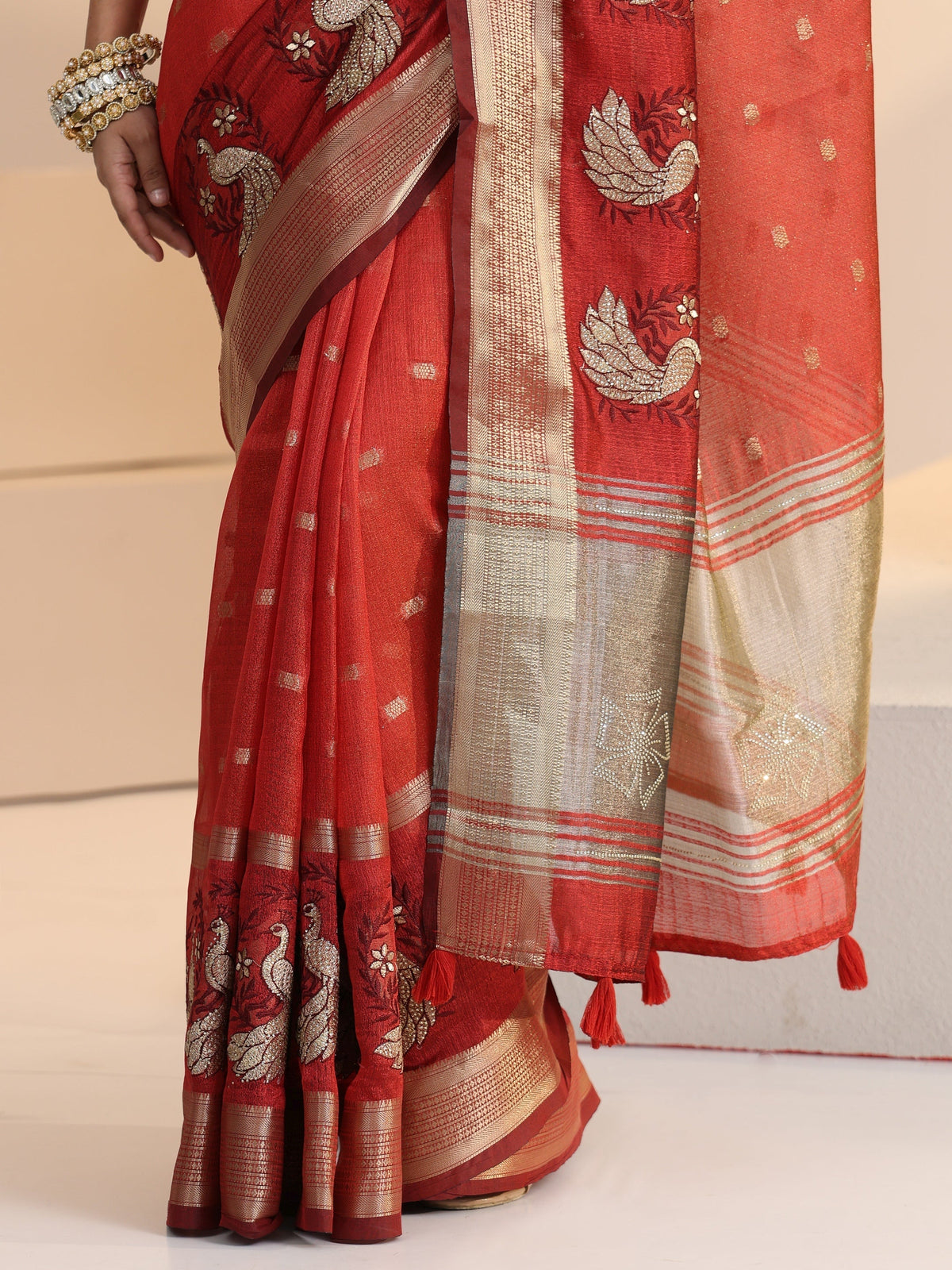 Anouk Terracotta Red Peacock Motif Chanderi Silk Saree