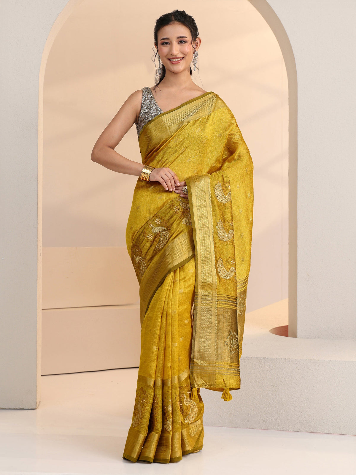 Anouk Henna Green Peacock Motif Chanderi Silk Saree