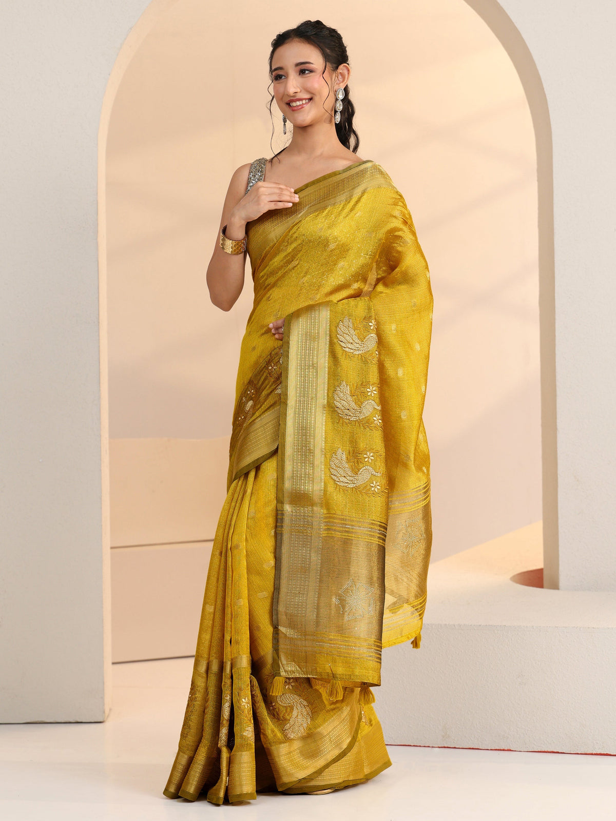 Anouk Henna Green Peacock Motif Chanderi Silk Saree