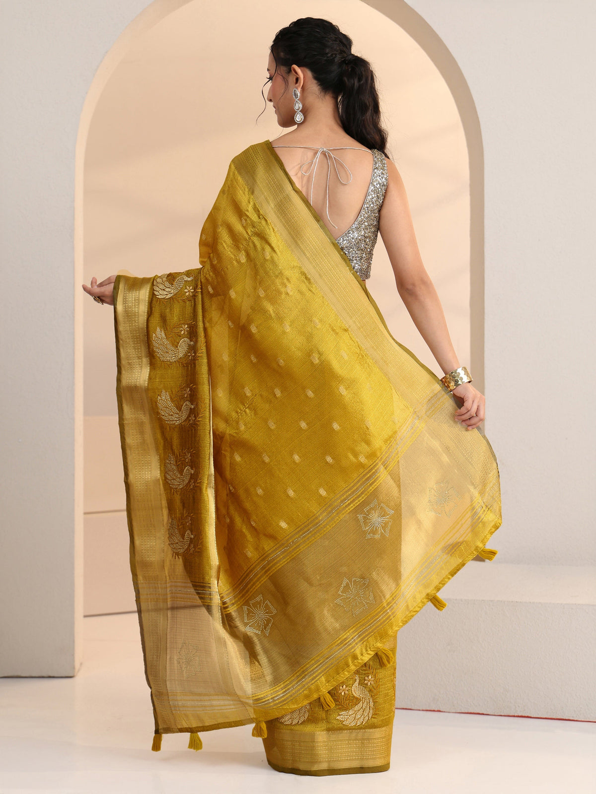 Anouk Henna Green Peacock Motif Chanderi Silk Saree