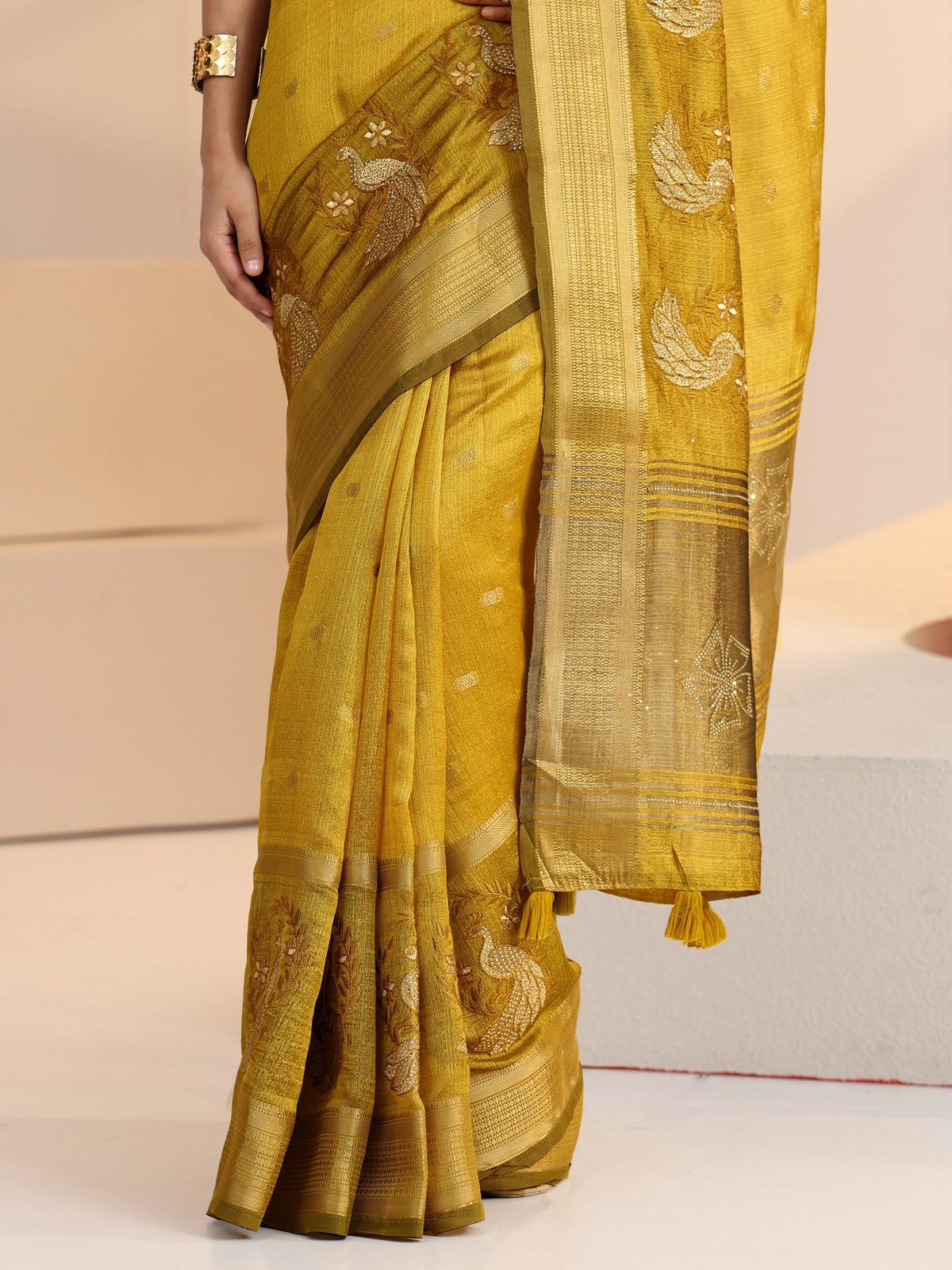 Anouk Henna Green Peacock Motif Chanderi Silk Saree