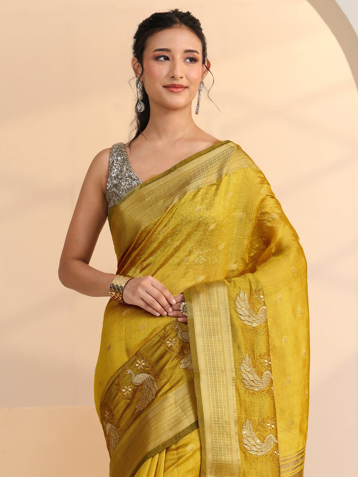 Anouk Henna Green Peacock Motif Chanderi Silk Saree